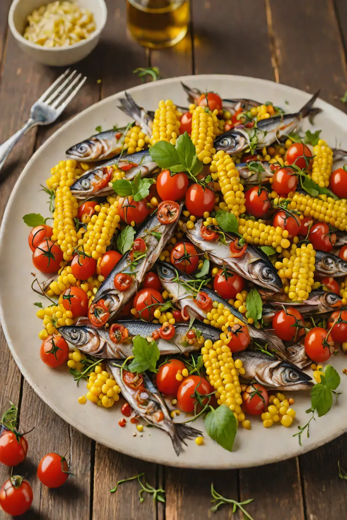Roasted Anchovies with Corn and Charred Tomato Vinaigrette