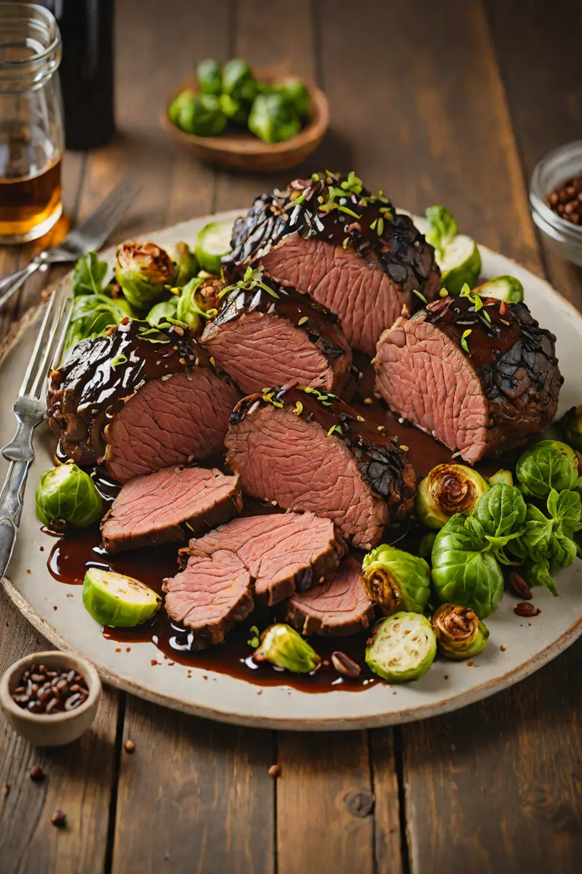 Roasted Bison with Brussels Sprouts and Balsamic Glaze