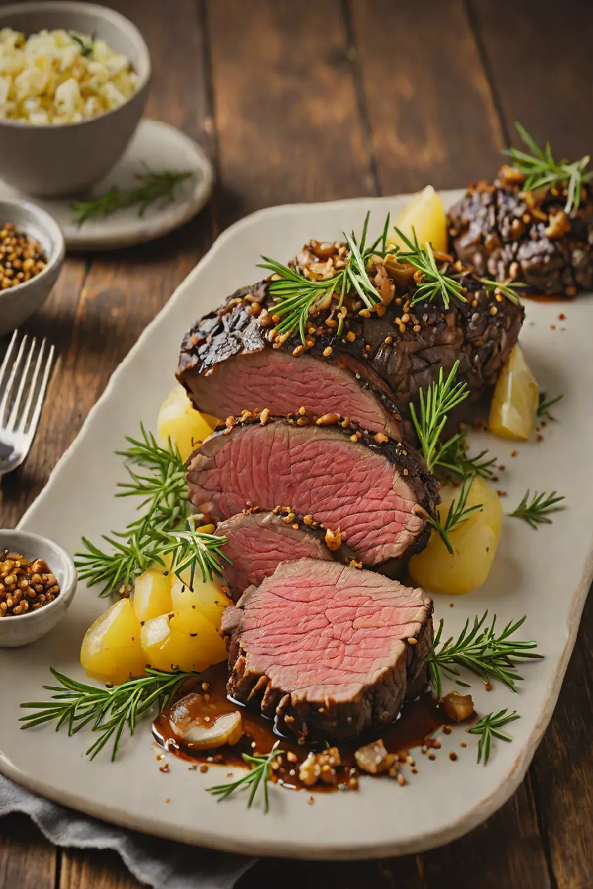 Roasted Bison with Caramelized Onions and Herb Crust
