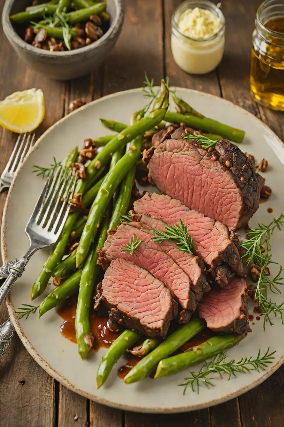Roasted Bison with Green Beans and Herb Butter