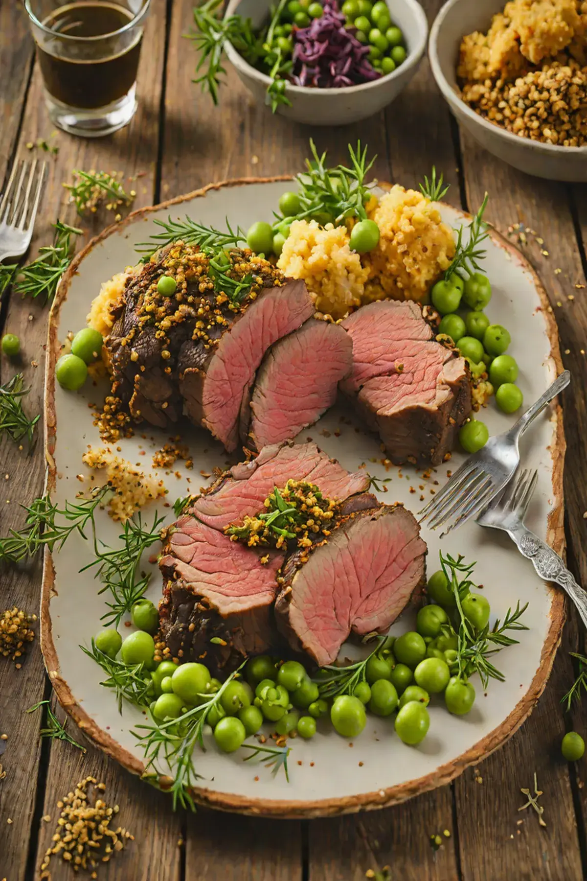 Roasted Bison with Pea and Herb Crust