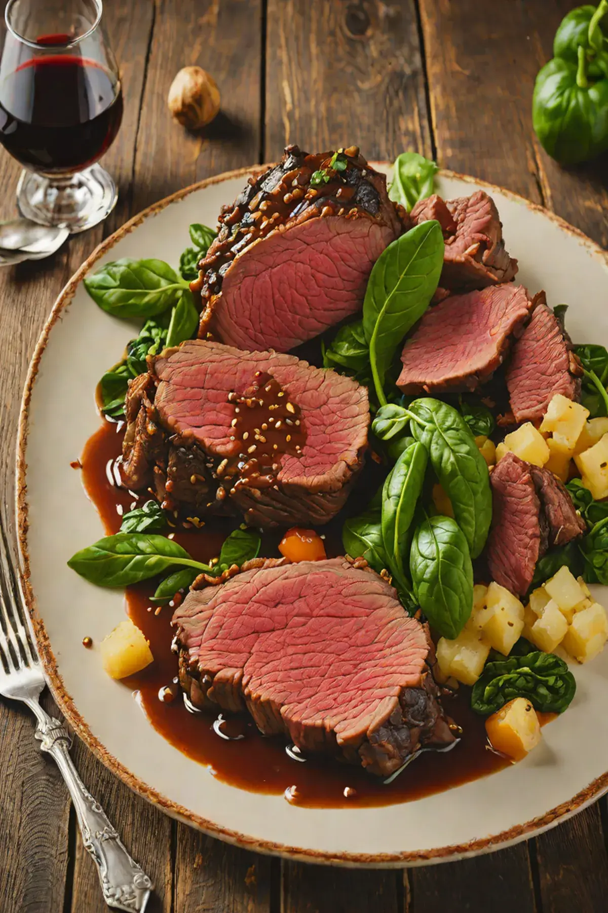 Roasted Bison with Spinach