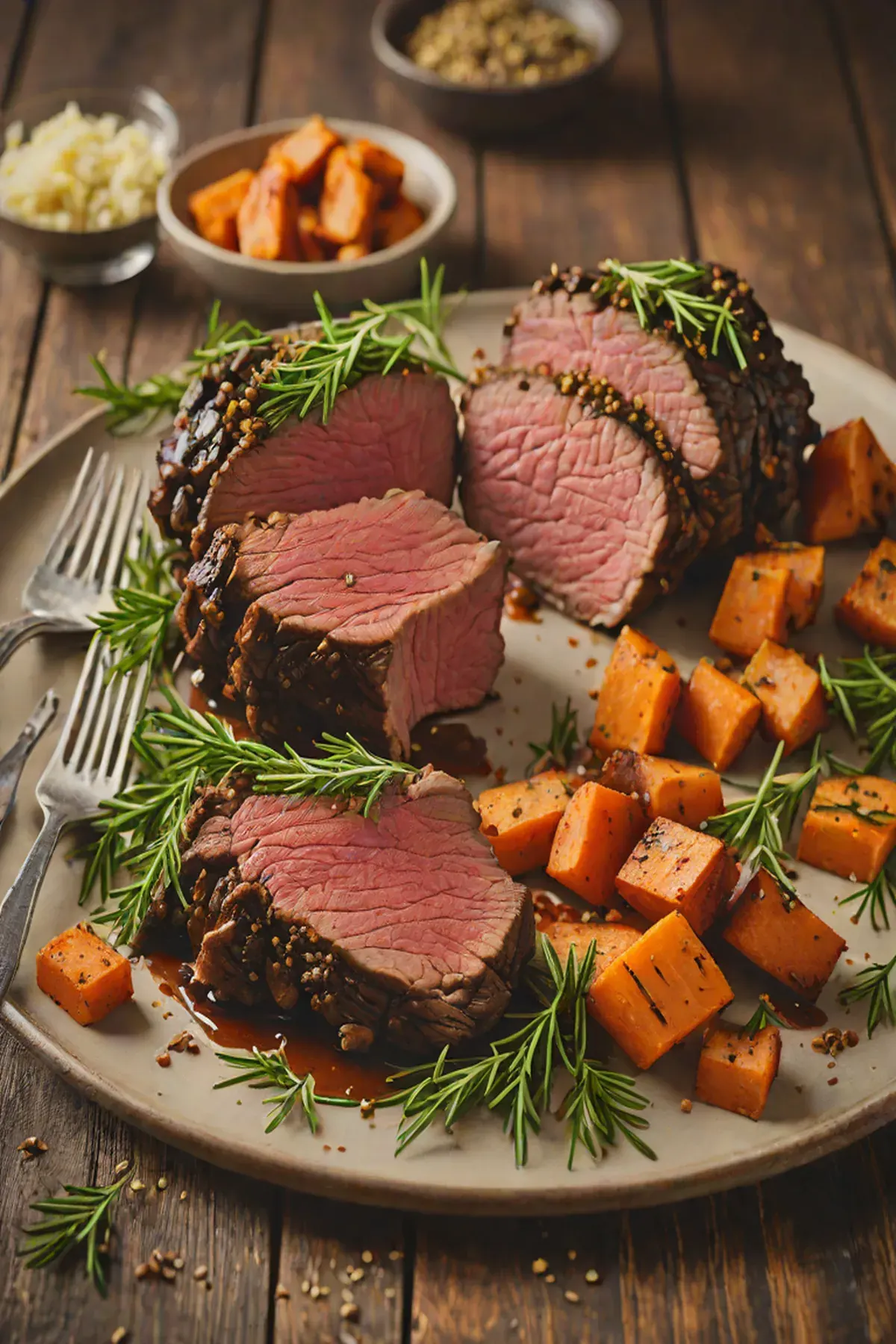 Roasted Bison with Sweet Potato and Herb Crust