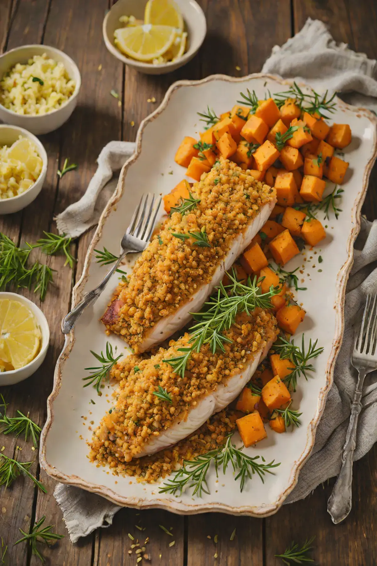 Roasted Catfish with Sweet Potato and Herb Crust