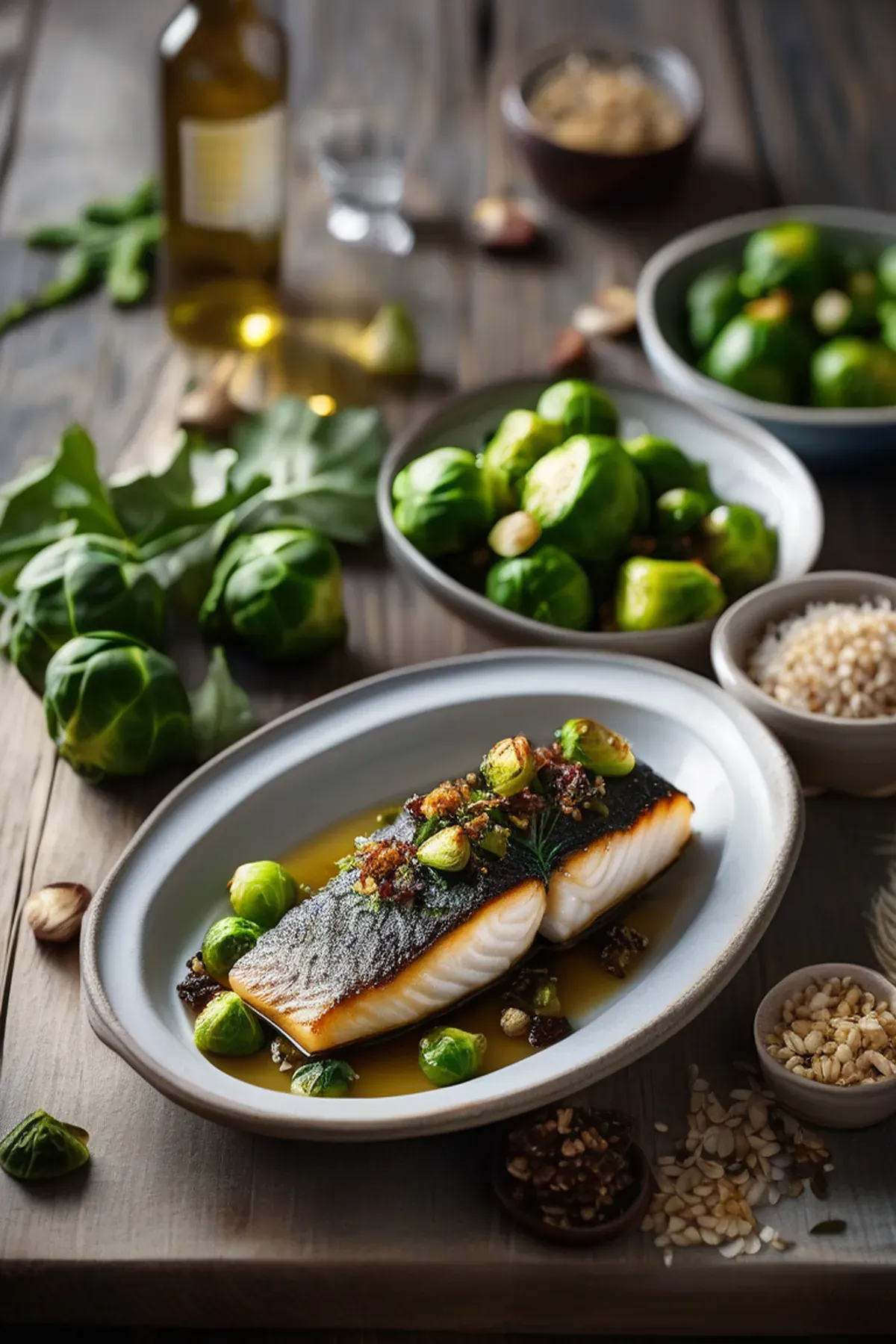 Roasted Cod with Brussels Sprouts and Crispy Garlic
