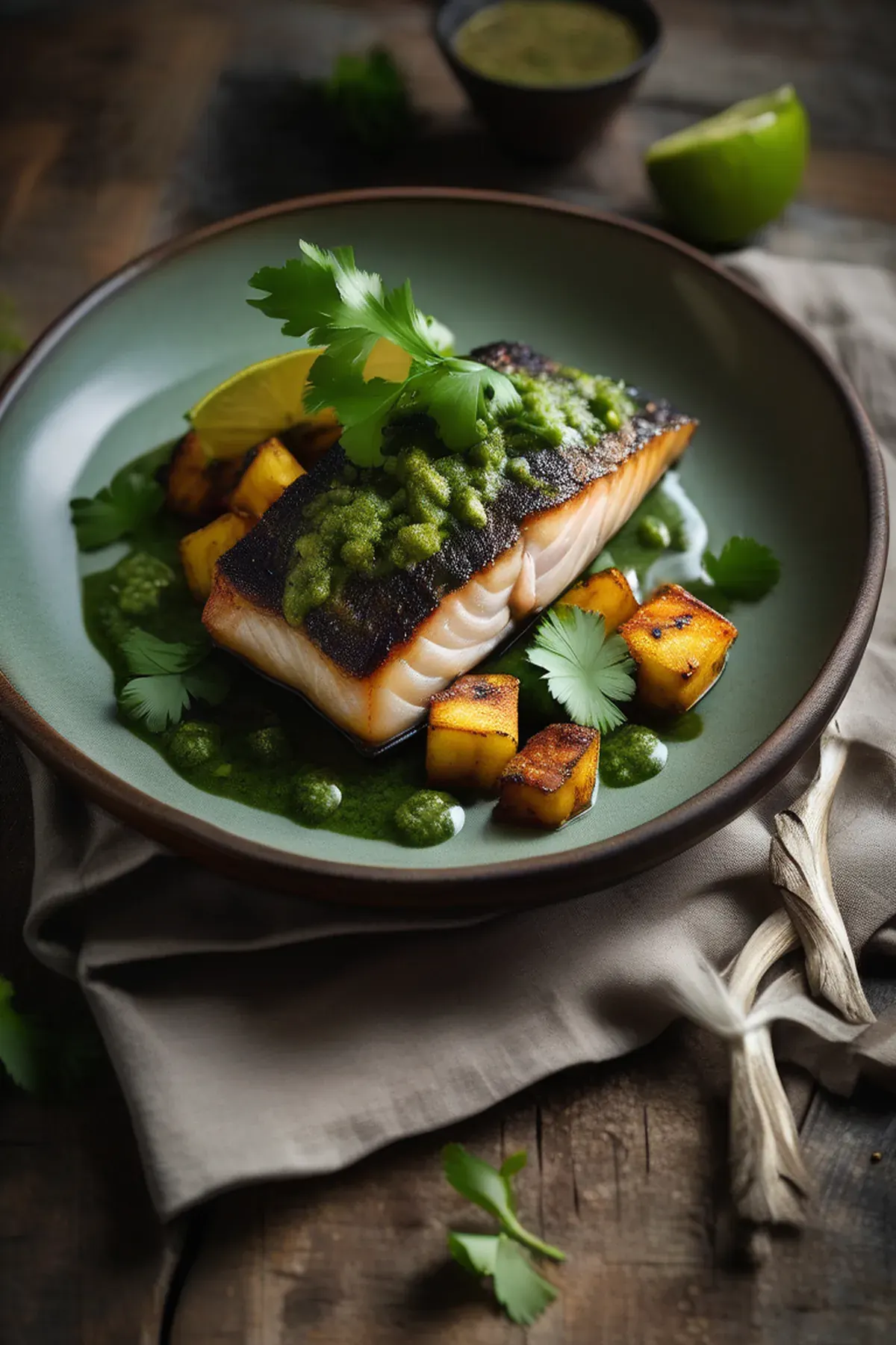 Roasted Cod with Crispy Plantain and Cilantro-Lime Sauce