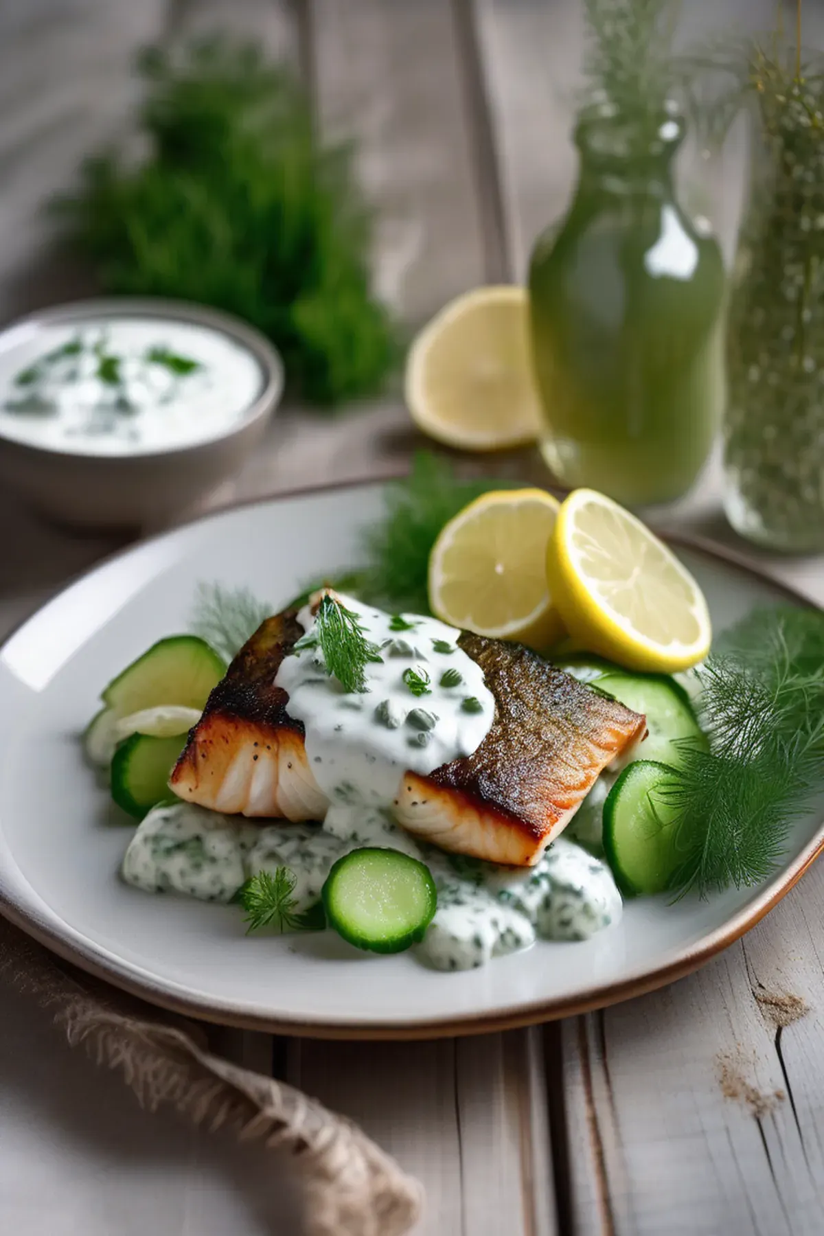 Roasted Cod with Cucumber and Dill Sauce