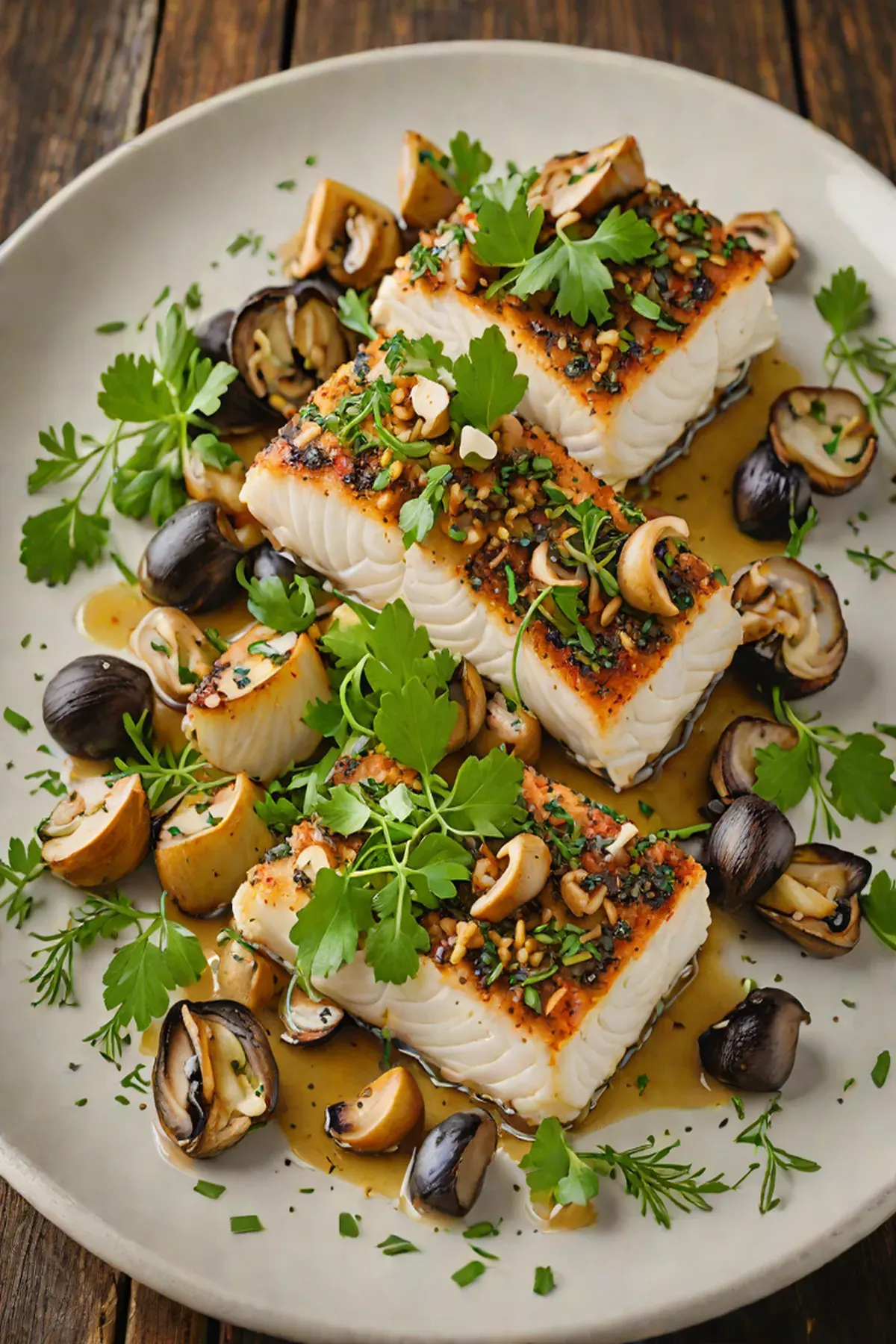 Roasted Cod with Mushroom and Garlic Herb Crust