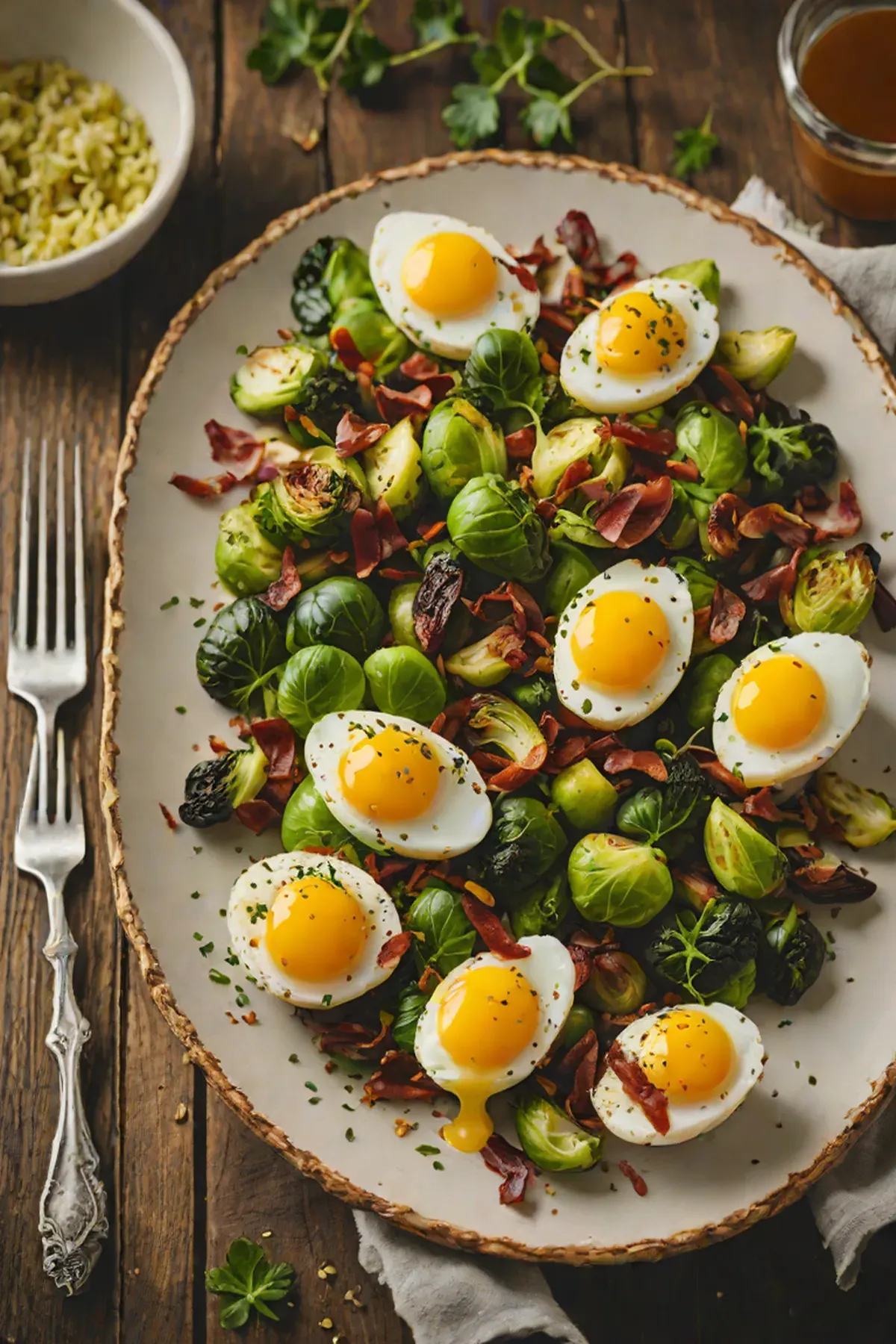 Roasted Eggs with Brussels Sprouts and Crispy Pancetta