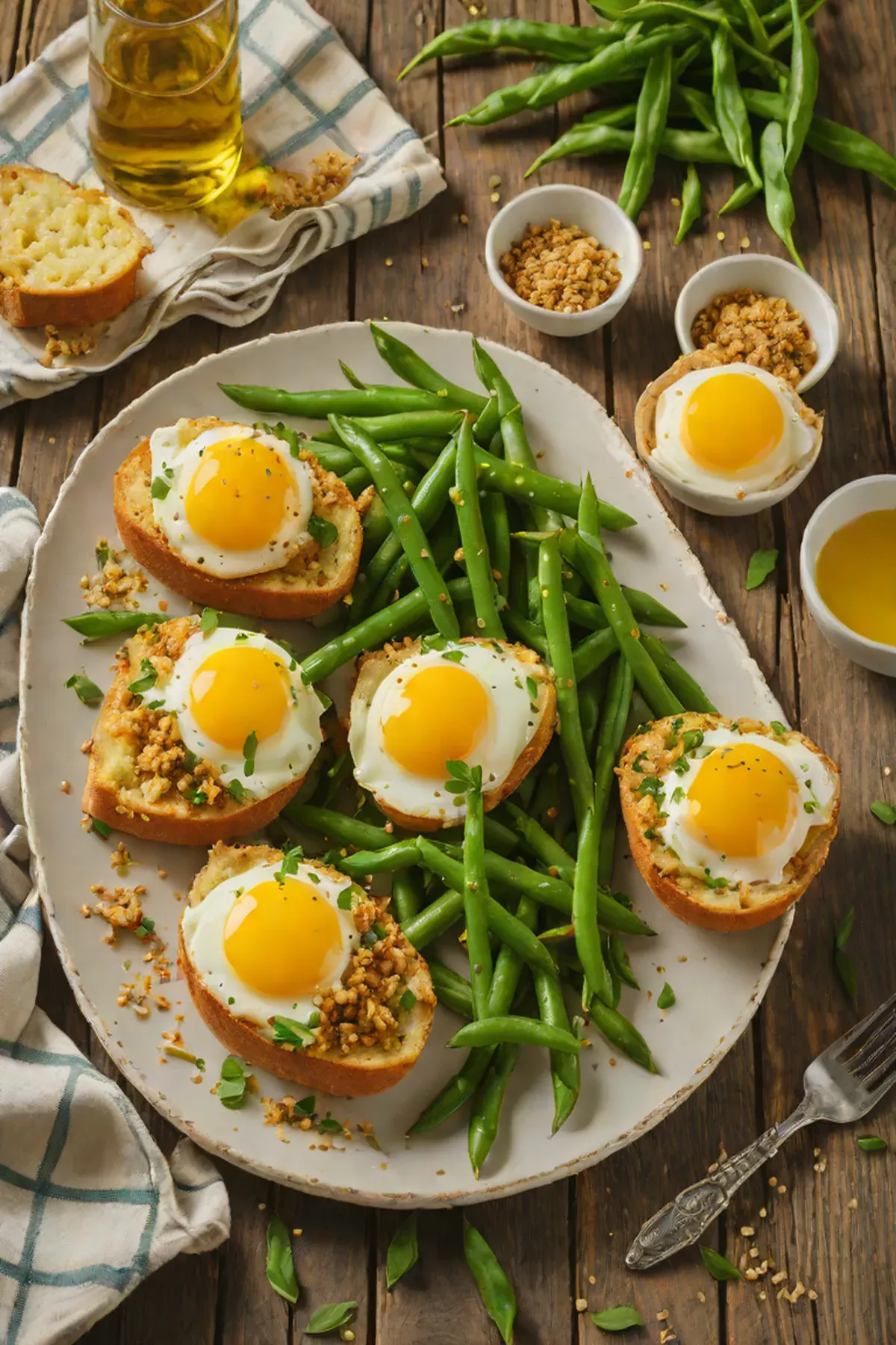 Roasted Eggs with Green Beans and Garlic Breadcrumbs