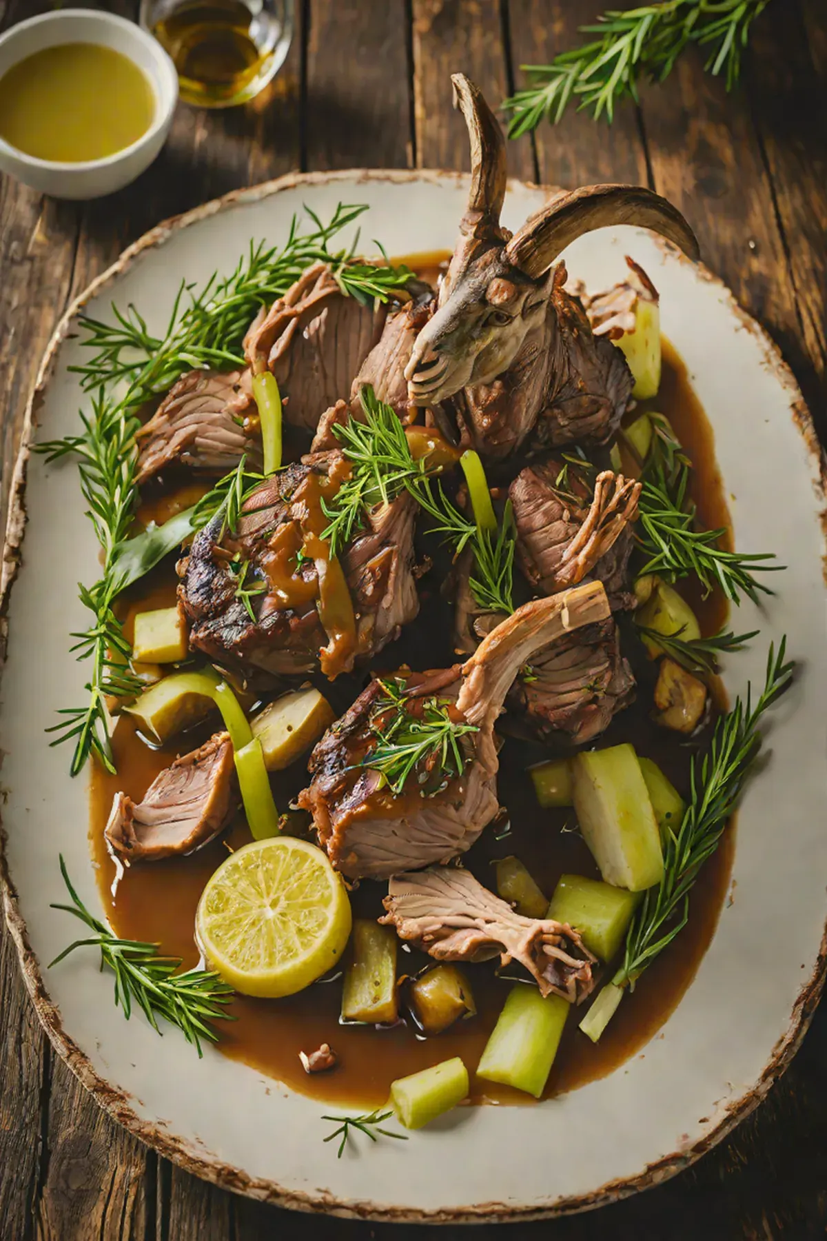 Roasted Goat with Leek and Herb Jus