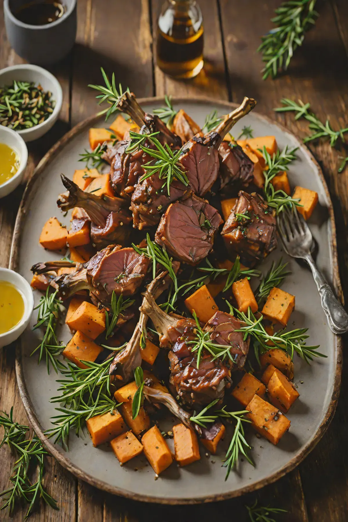 Roasted Goat with Sweet Potato and Herb Glaze