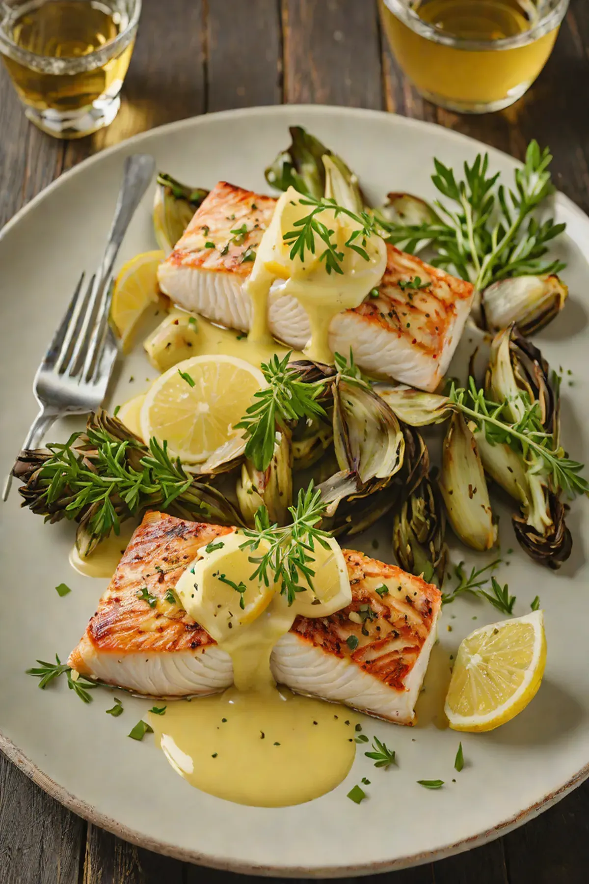 Roasted Halibut with Artichoke and Lemon Butter