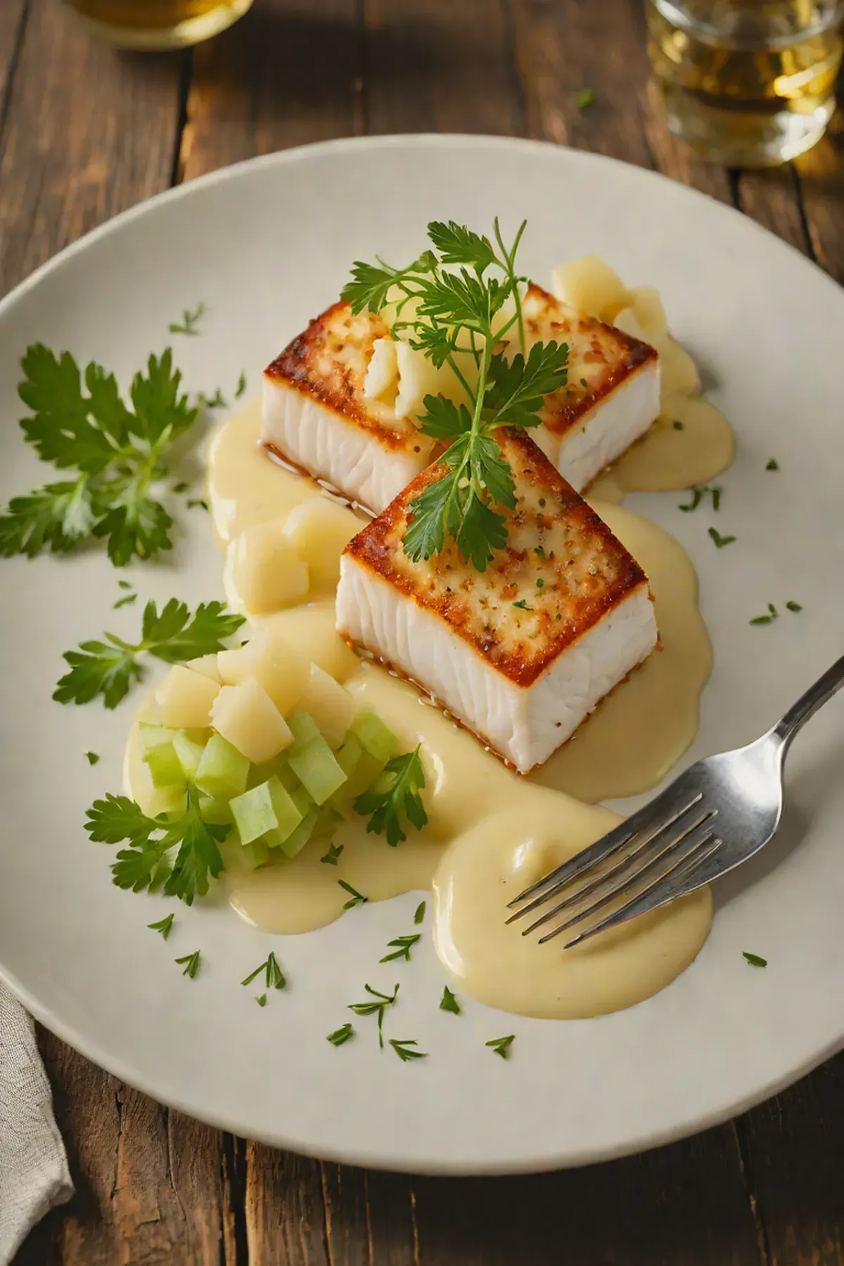Roasted Halibut with Celery Root Purée and Crispy Celery Hearts