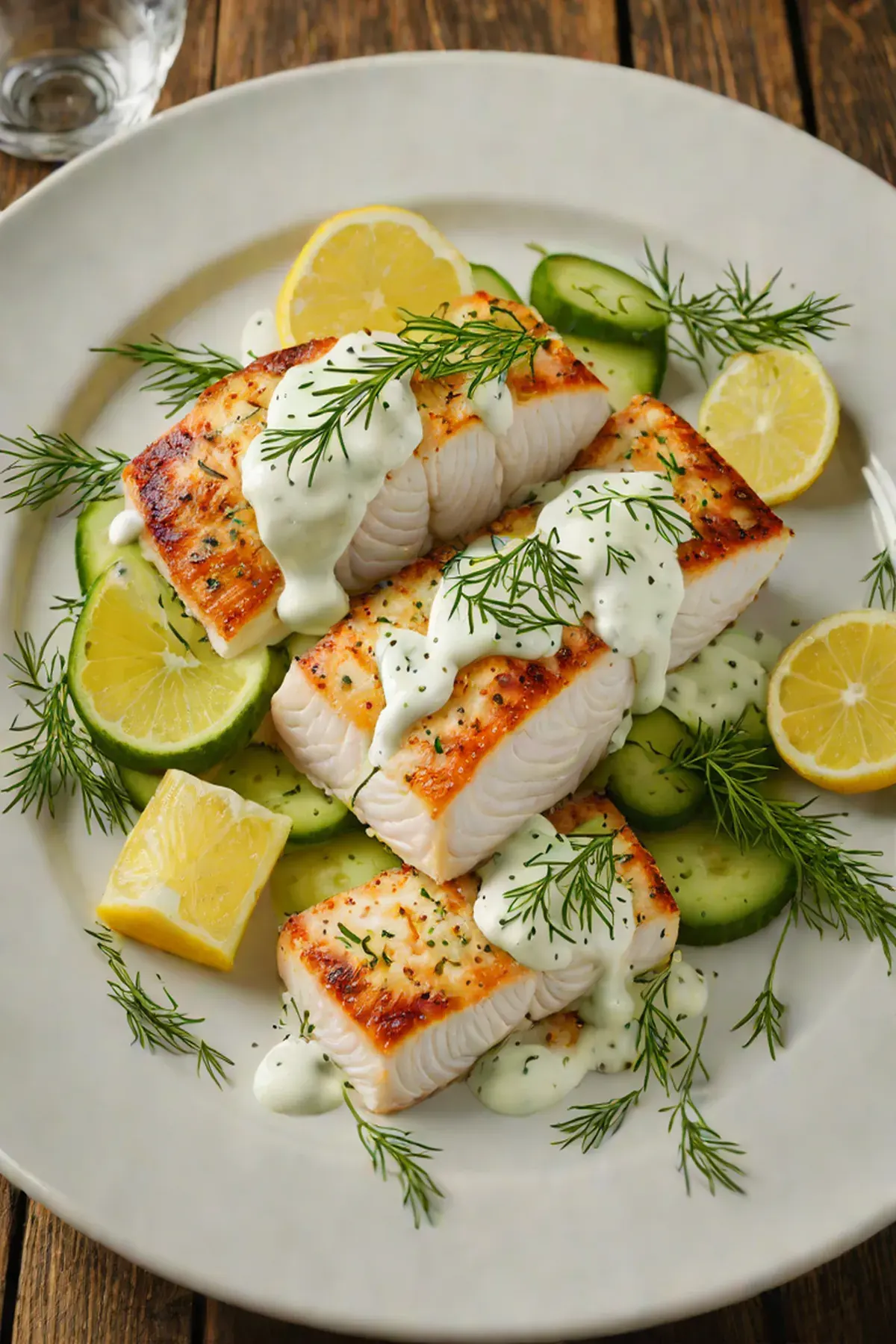 Roasted Halibut with Cucumber and Dill Sauce
