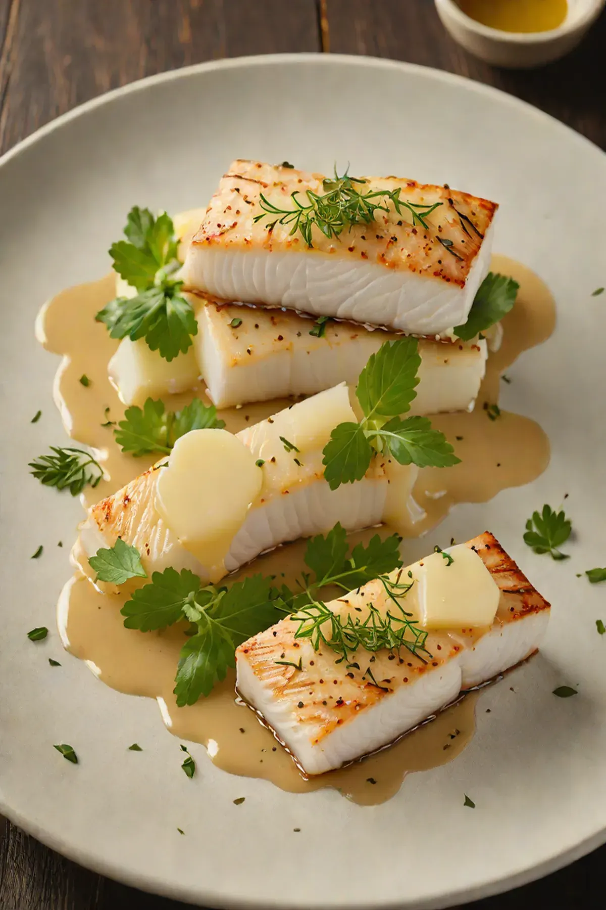 Roasted Halibut with Daikon and Brown Butter Emulsion