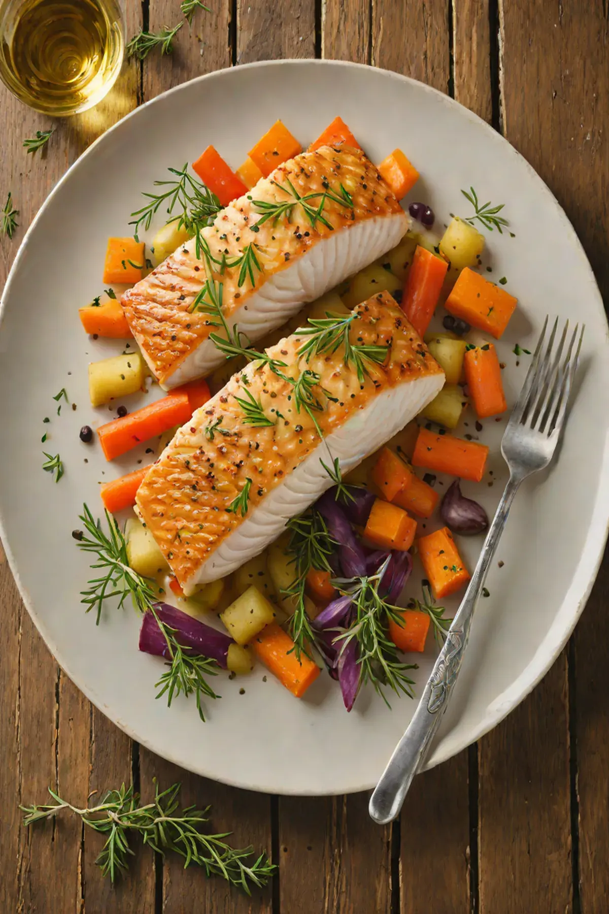 Roasted Halibut with Glazed Rainbow Carrots and Thyme