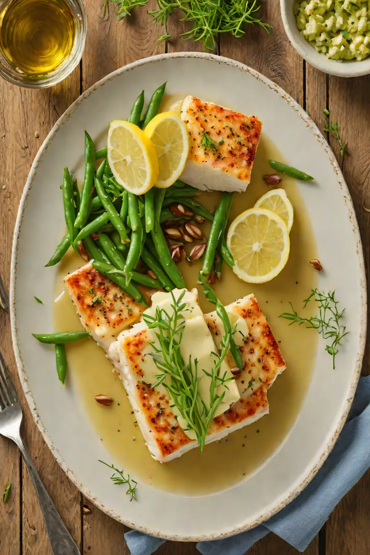Roasted Halibut with Green Bean and Lemon Butter Sauce