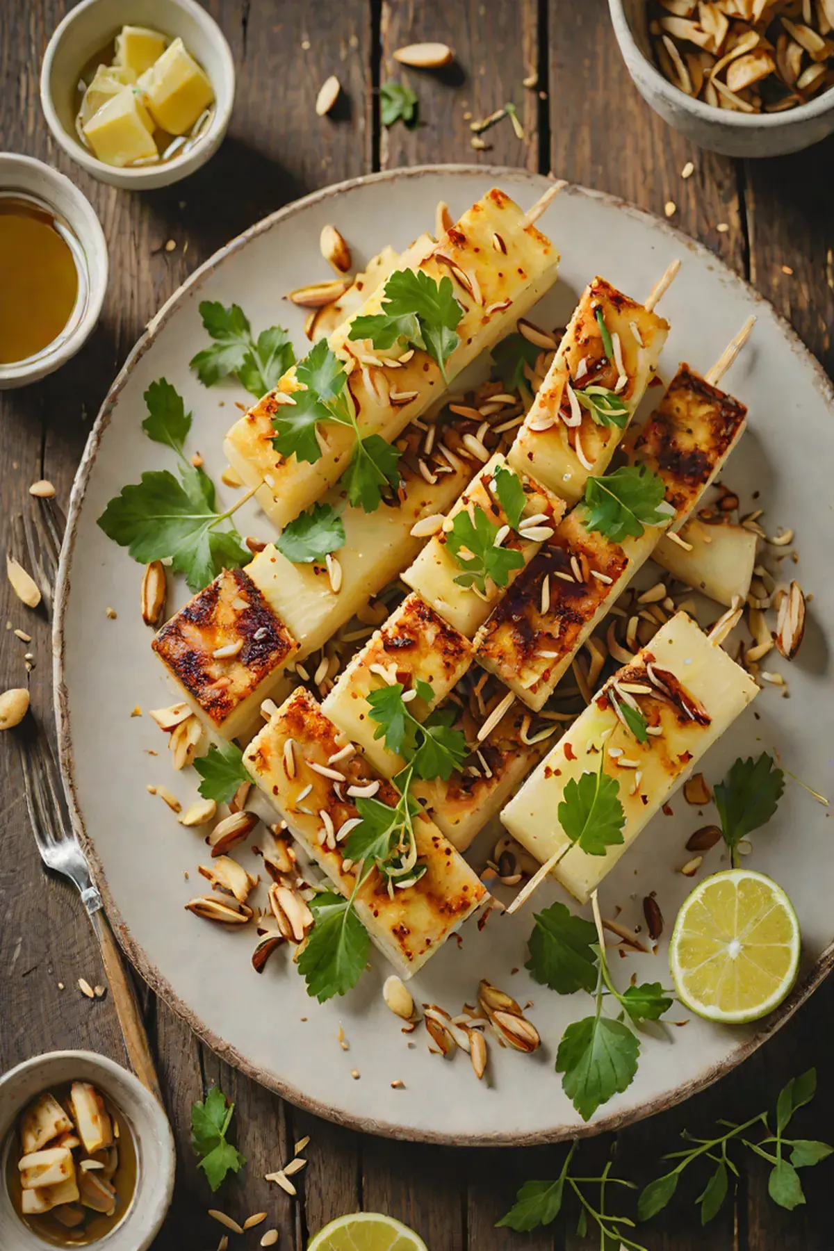 Roasted Halloumi with Bamboo Shoot and Crispy Garlic