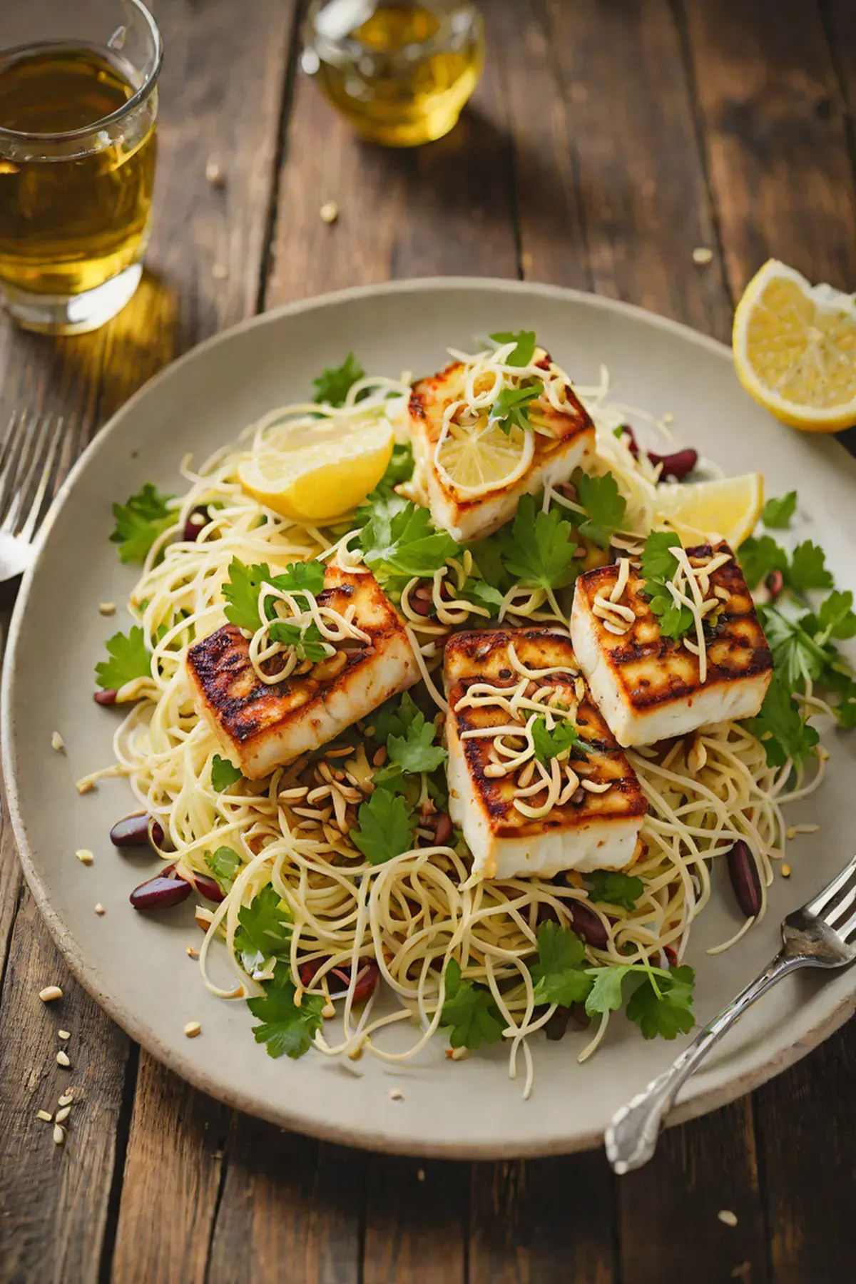 Roasted Halloumi with Bean Sprout Salad and Crispy Garlic Oil
