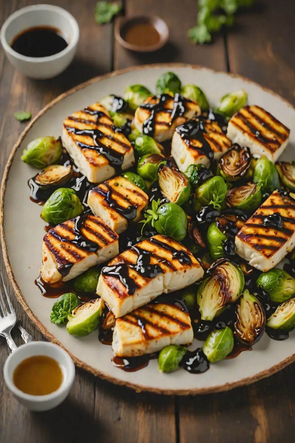 Roasted Halloumi with Brussels Sprouts and Balsamic Glaze