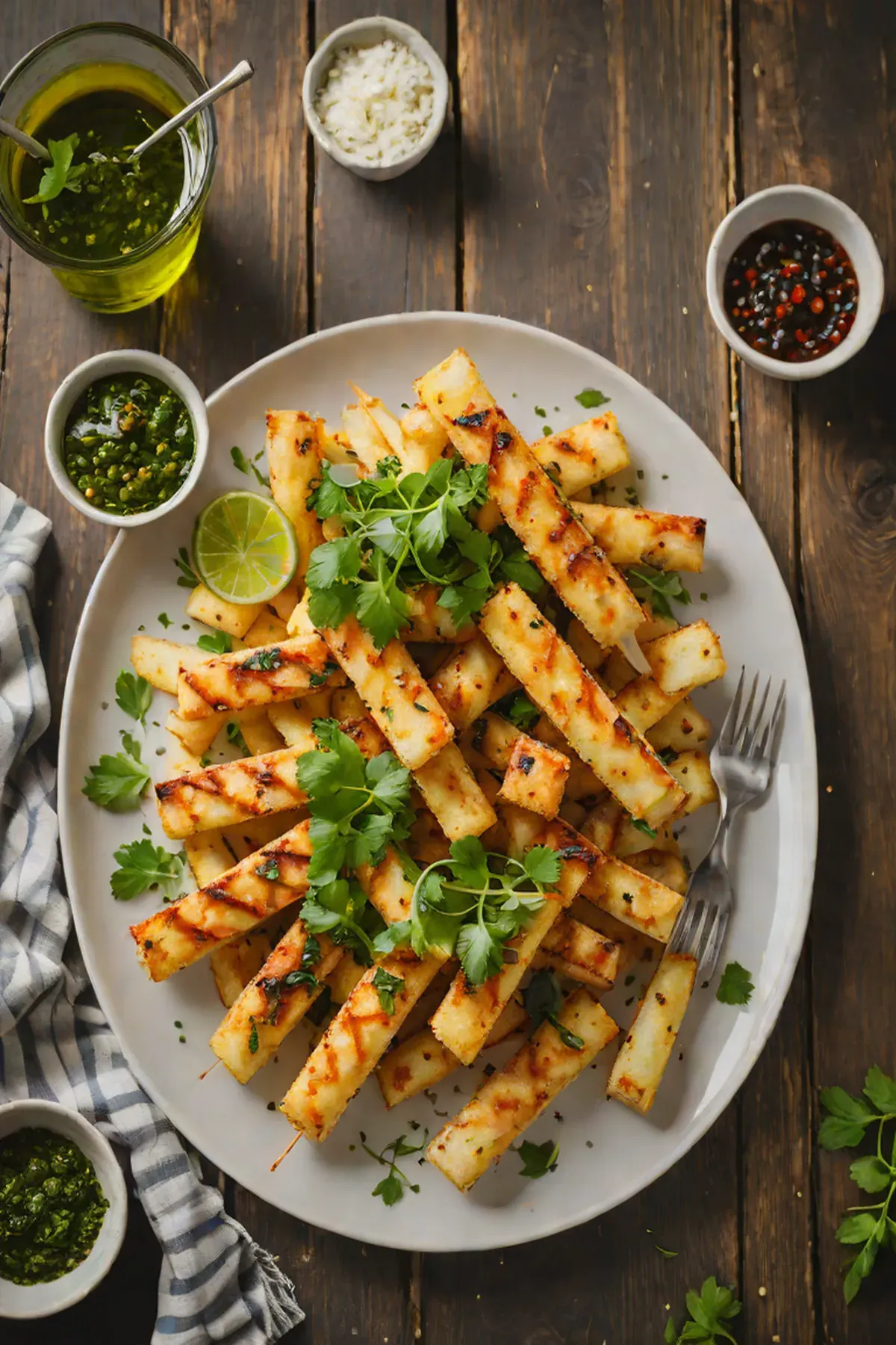 Roasted Halloumi with Cassava Fries and Chimichurri Drizzle