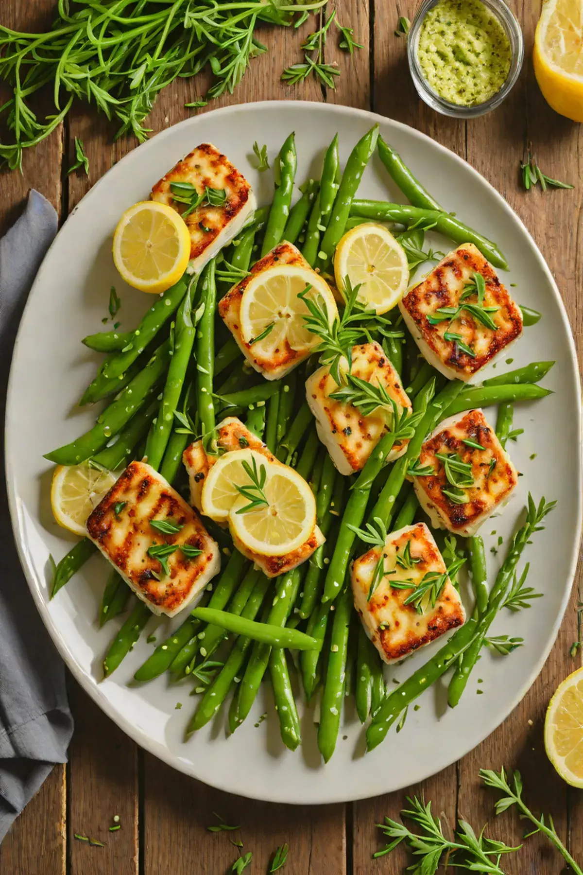 Roasted Halloumi with Green Beans and Garlic Herb Oil