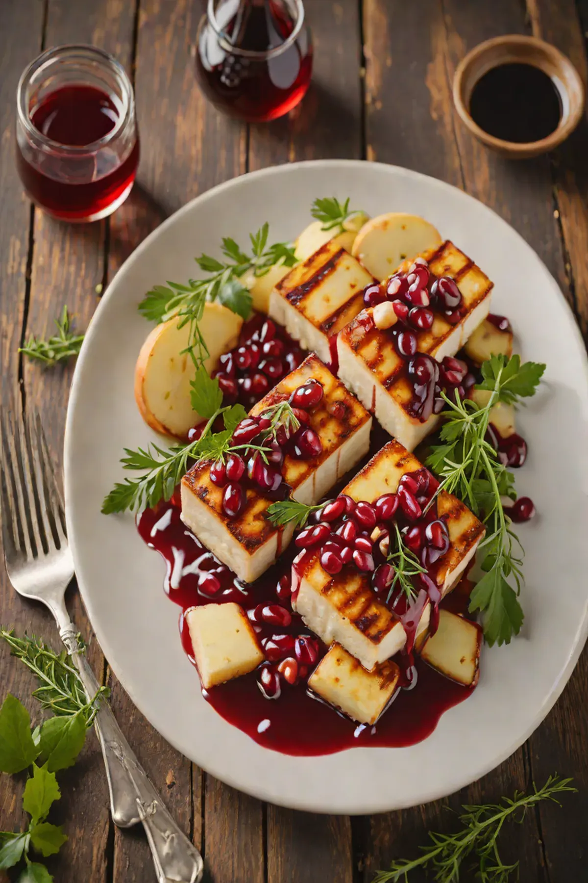 Roasted Halloumi with Parsnip and Pomegranate Glaze