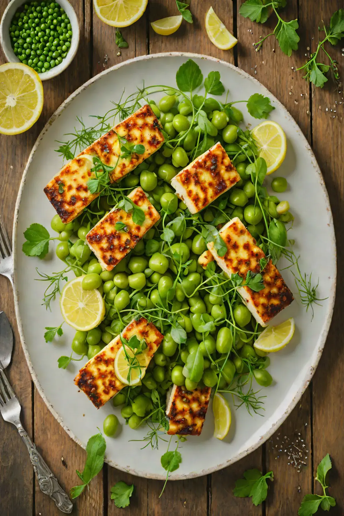 Roasted Halloumi with Pea and Herb Salad