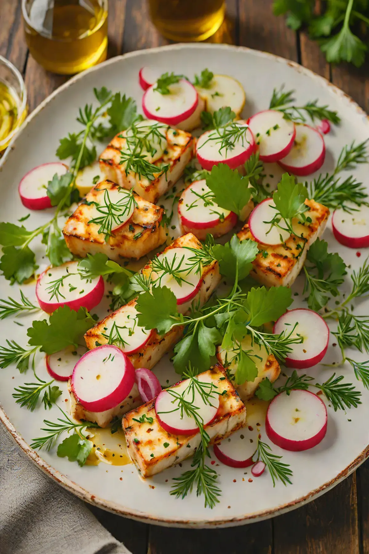Roasted Halloumi with Radish and Herb Oil