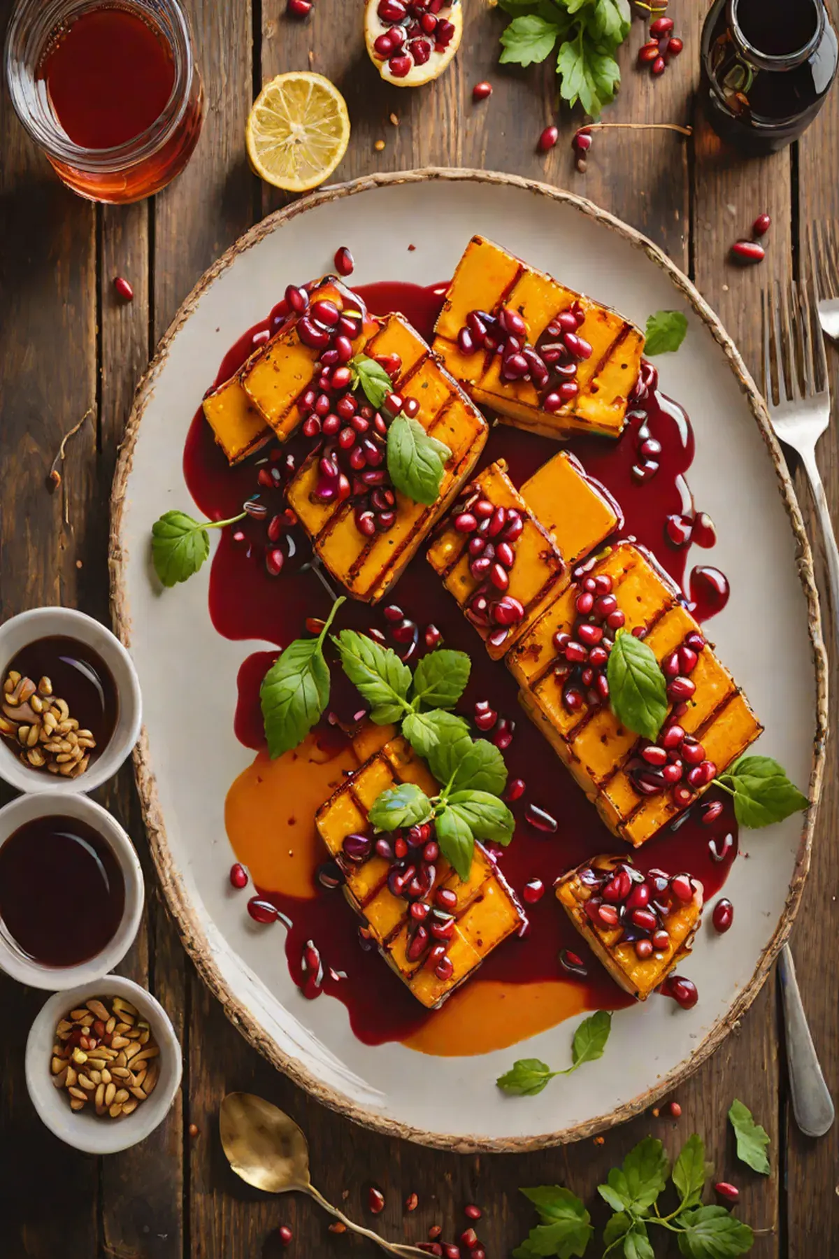 Roasted Halloumi with Sweet Potato and Pomegranate Glaze