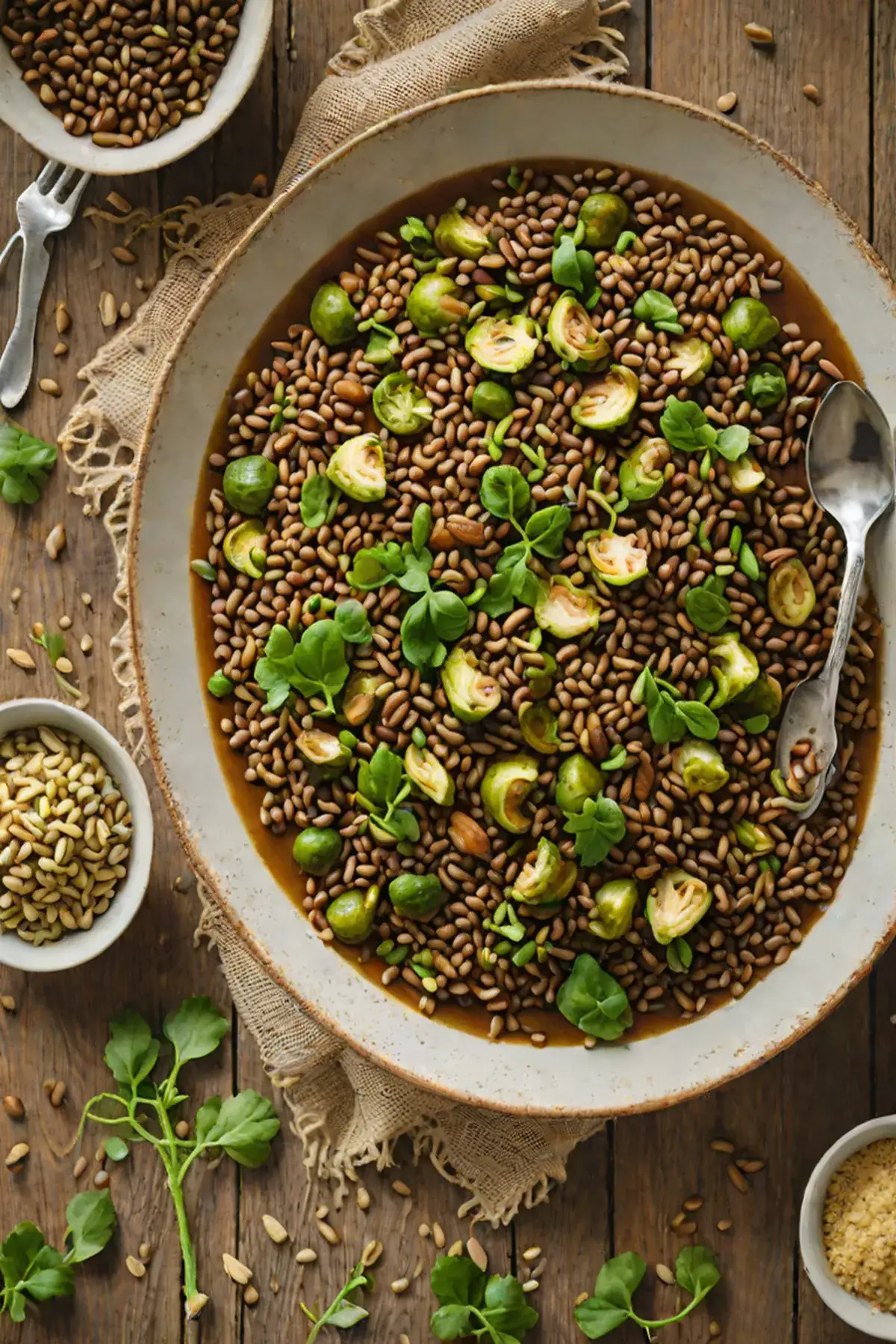 Roasted Lentils with Brussels Sprouts and Crispy Garlic