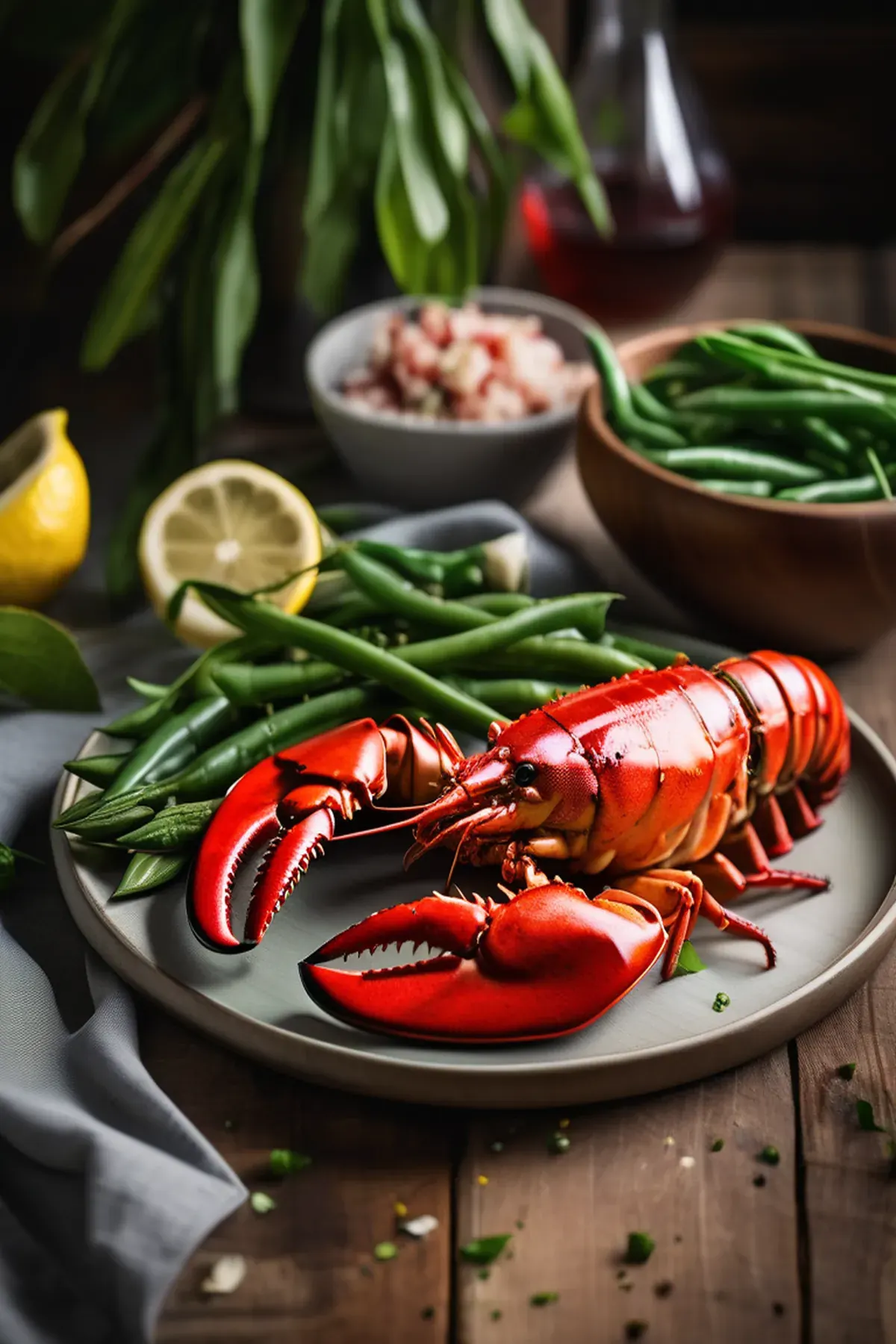 Roasted Lobster with Green Beans and Garlic Butter