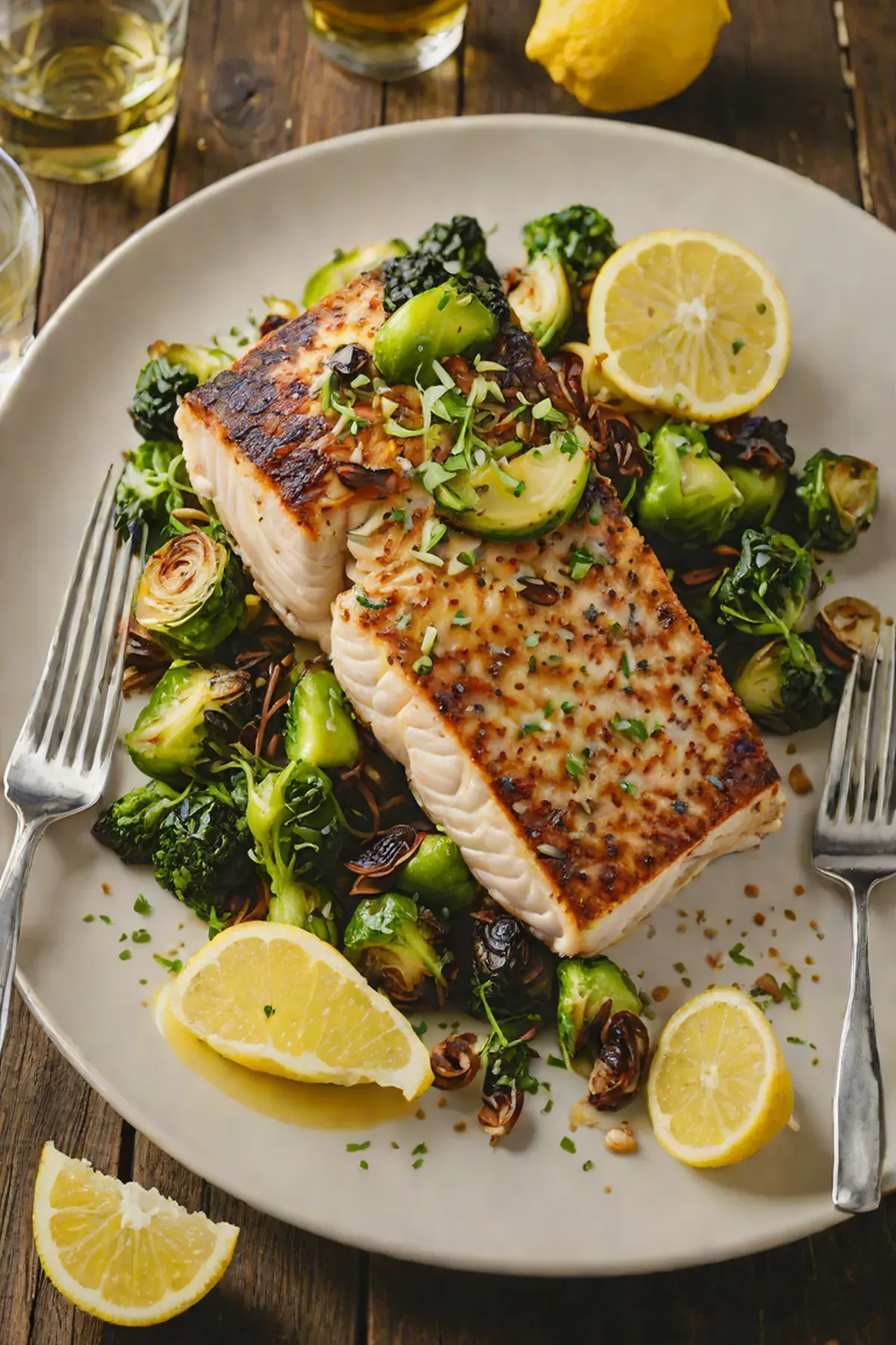 Roasted Mahi Mahi with Crispy Brussels Sprouts and Lemon Butter