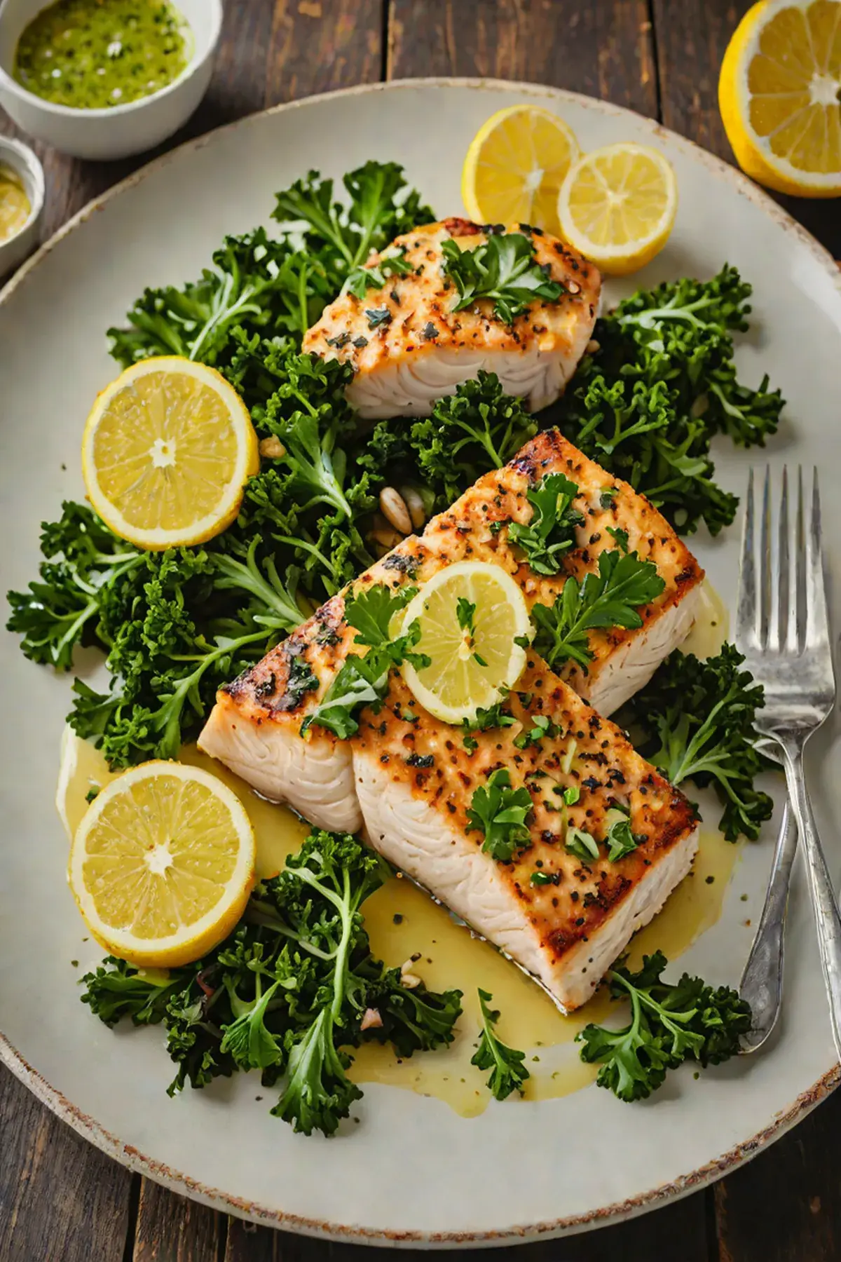 Roasted Mahi Mahi with Crispy Kale and Lemon Garlic Butter