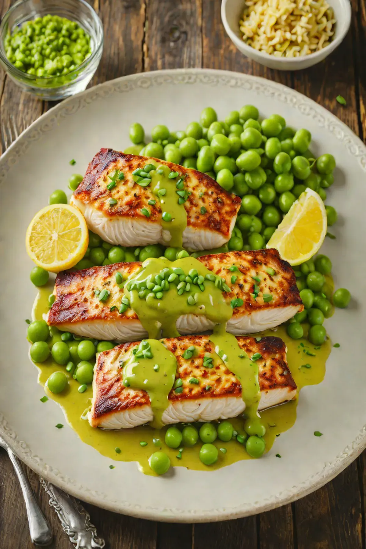 Roasted Mahi Mahi with Pea and Lemon Butter Sauce