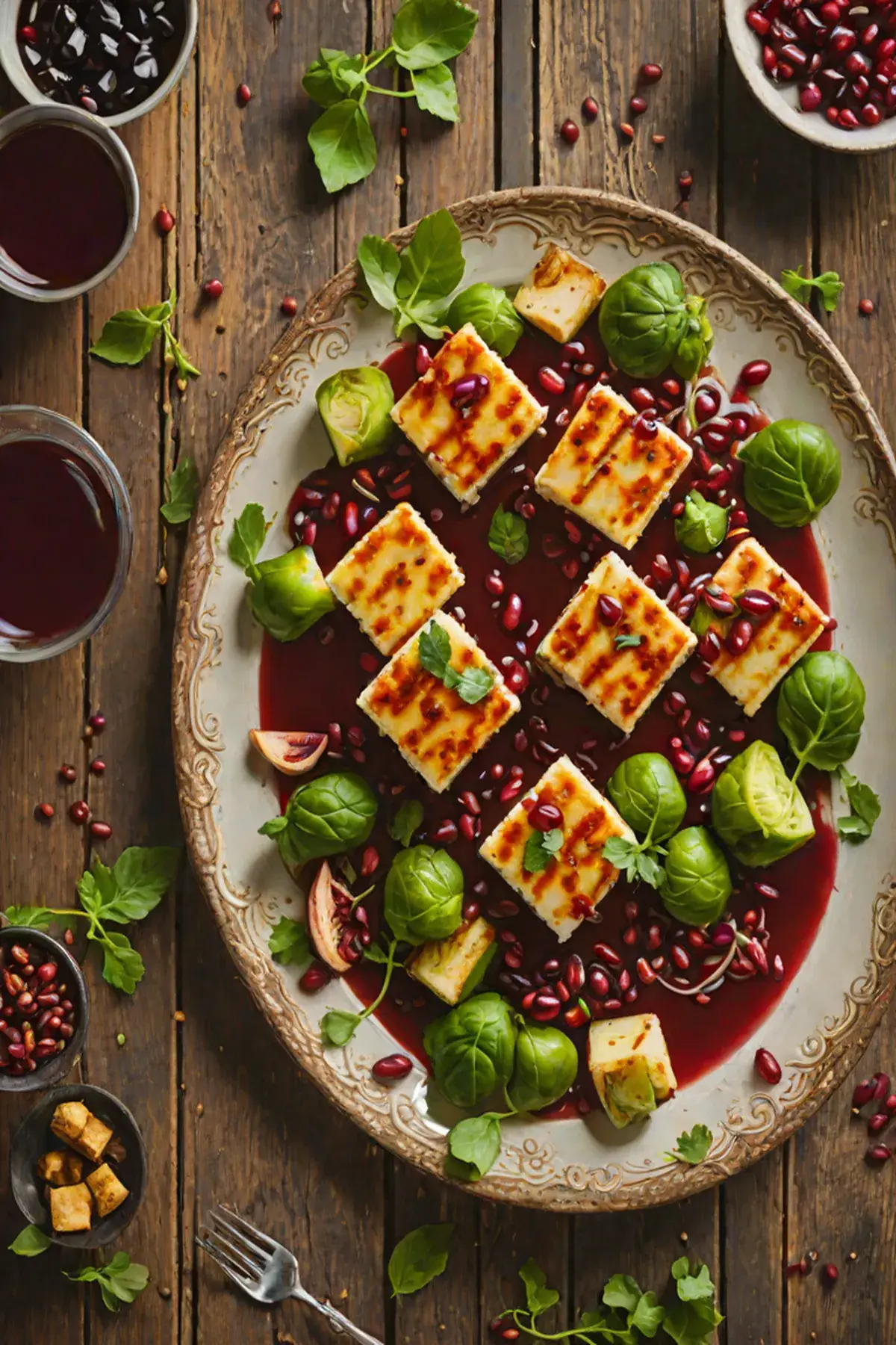 Roasted Paneer with Brussels Sprouts and Pomegranate Glaze