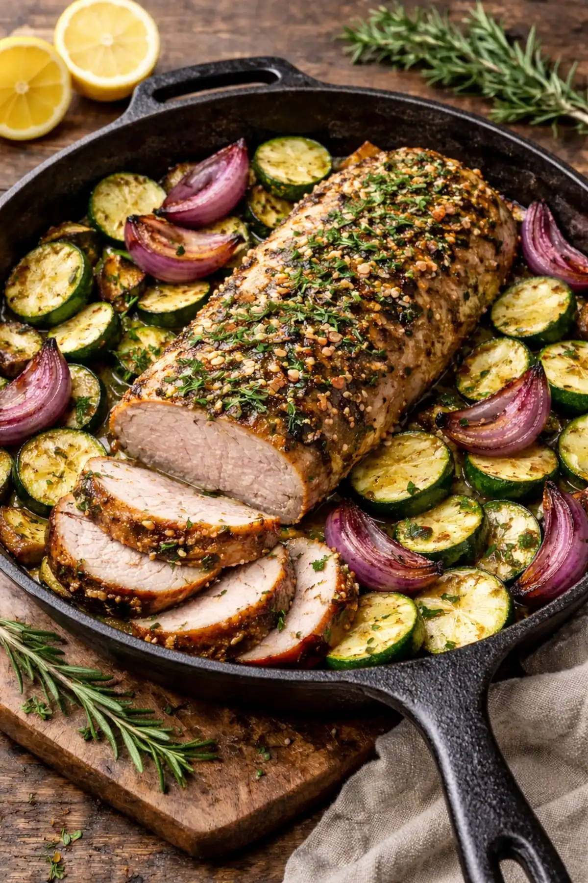 Roasted Pork with Courgette and Garlic Herb Crust