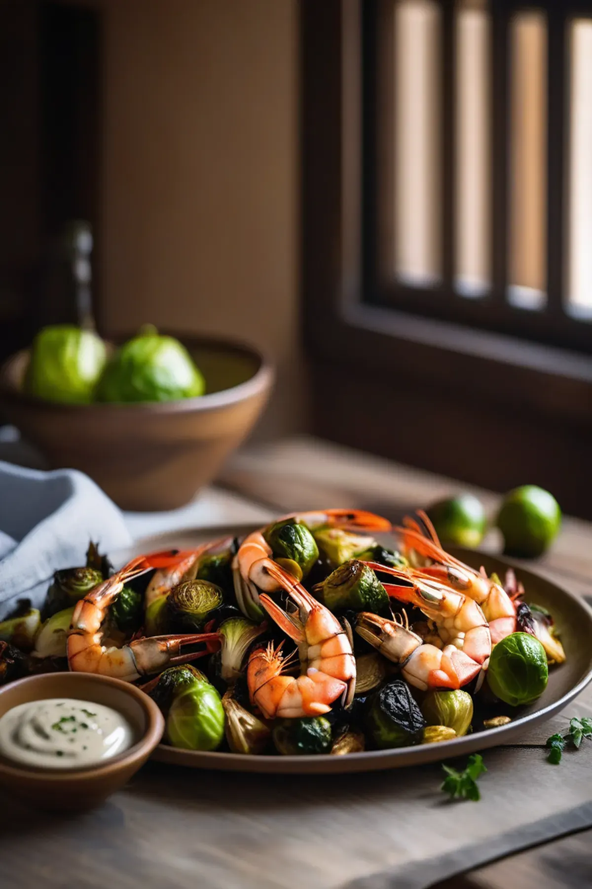 Roasted Prawns with Caramelized Brussels Sprouts and Garlic Aioli