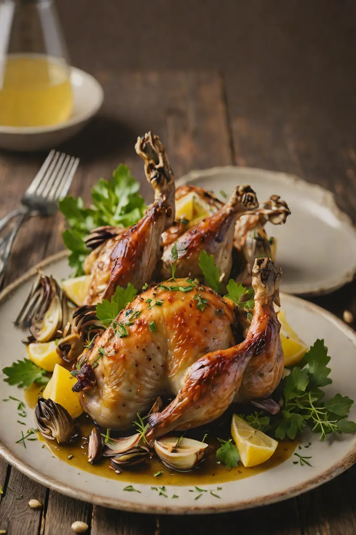 Roasted Quail with Artichoke and Garlic Confit