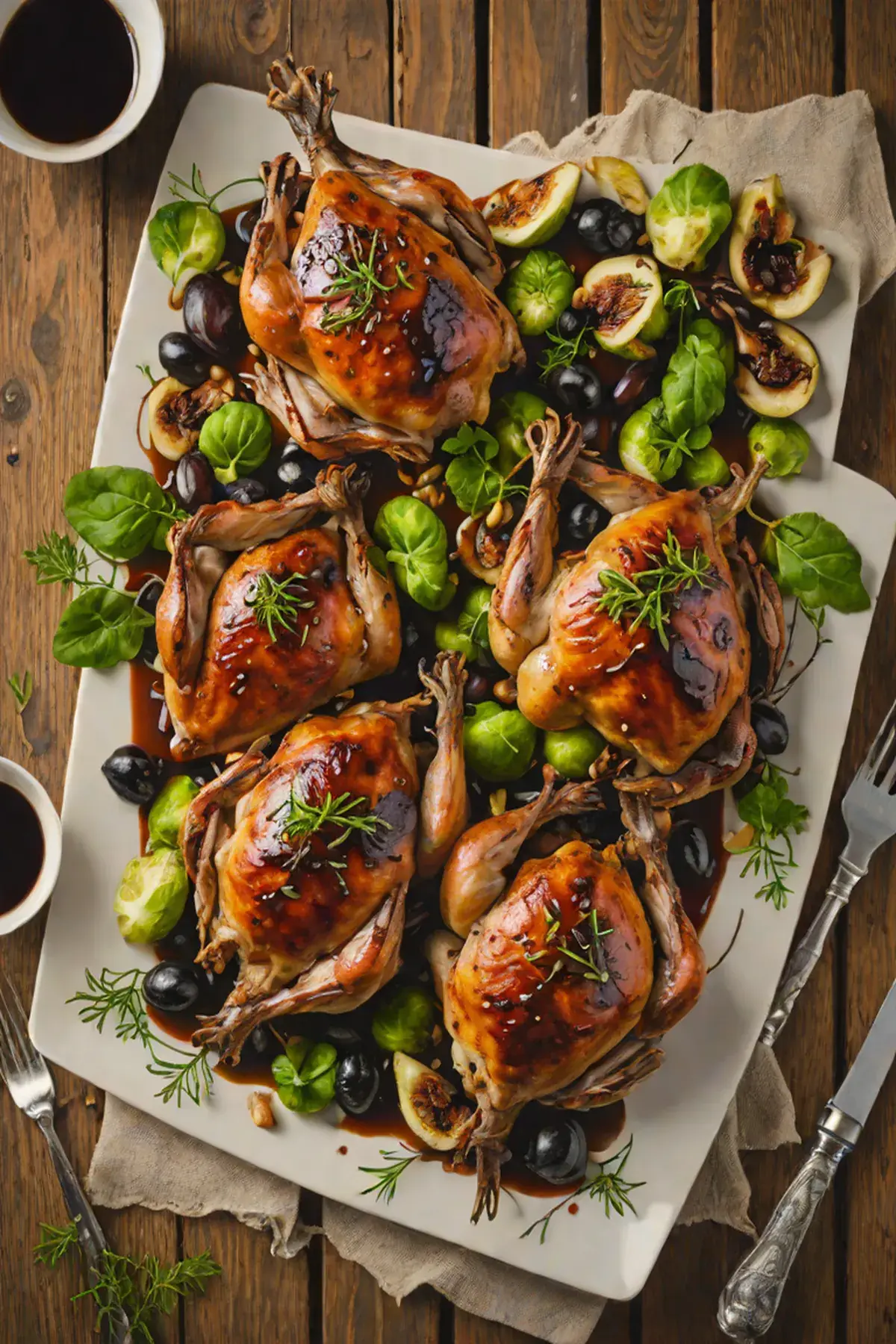 Roasted Quail with Brussels Sprouts and Balsamic Glaze