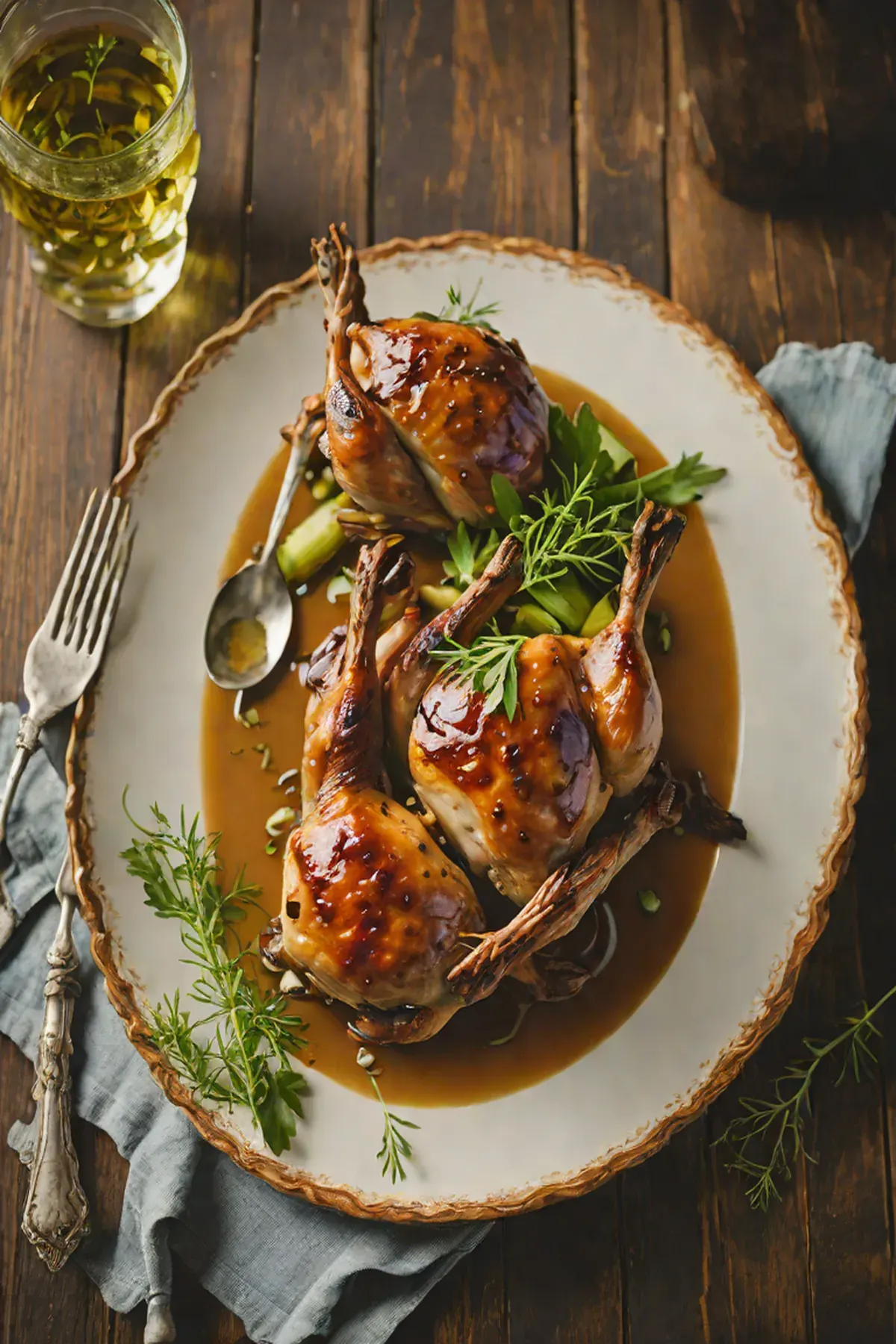 Roasted Quail with Leek and Thyme Jus