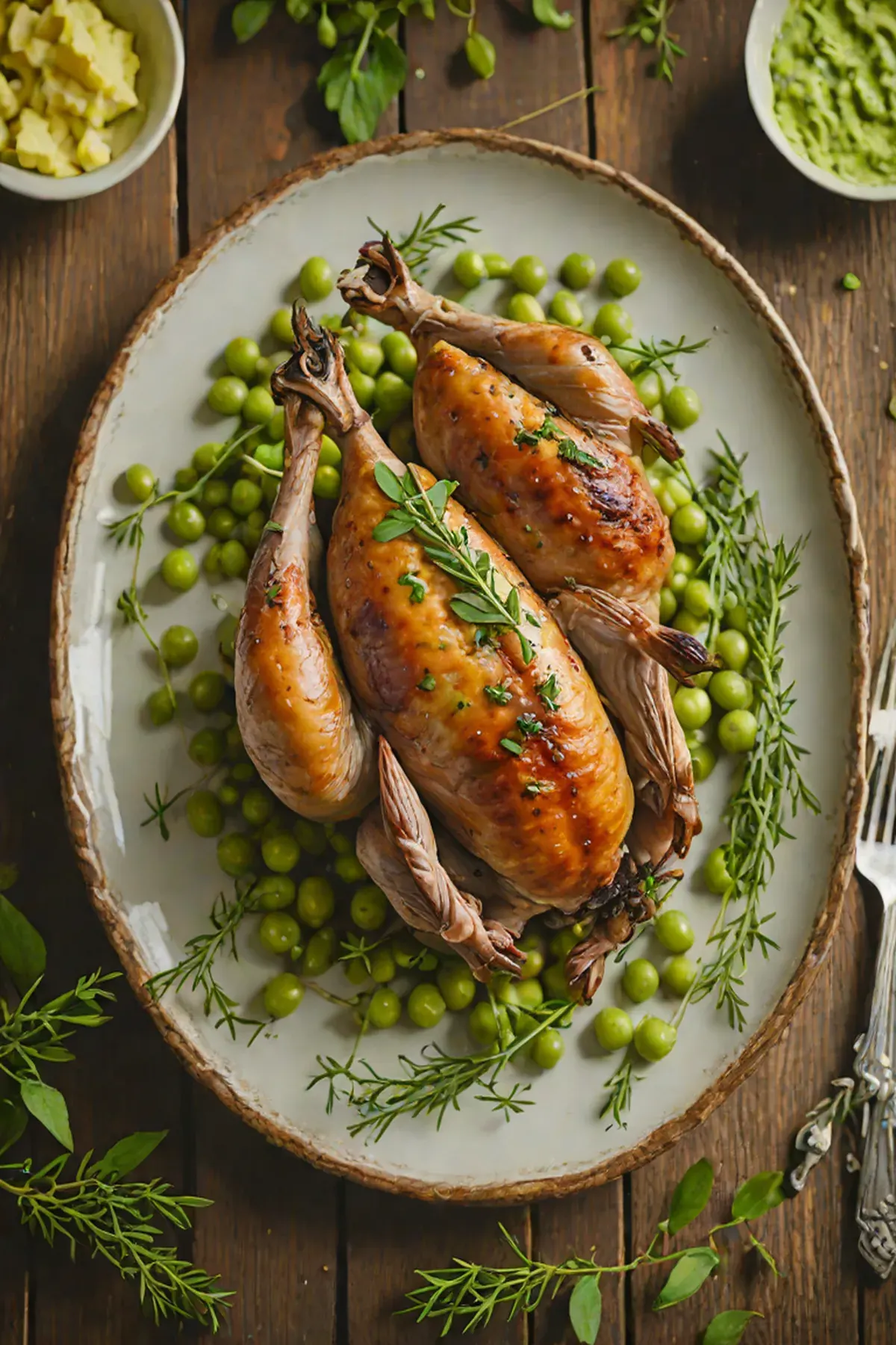 Roasted Quail with Spring Peas and Herb Butter