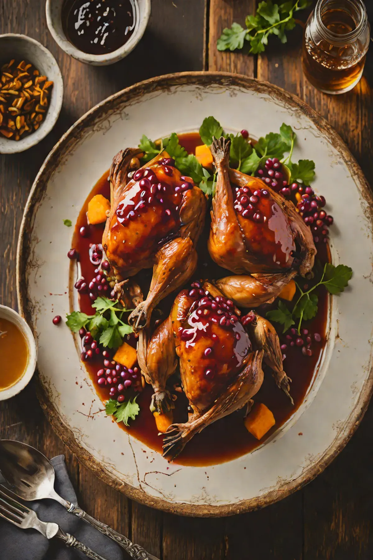 Roasted Quail with Sweet Potato and Pomegranate Glaze