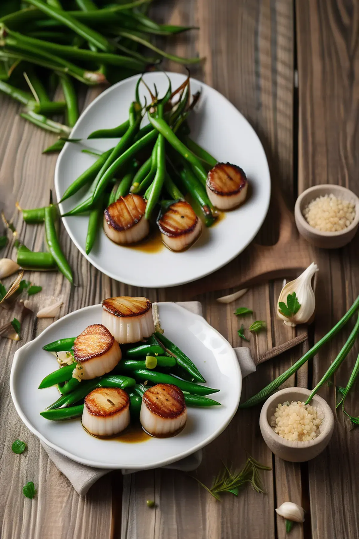 Roasted Scallops with Green Bean and Garlic Brown Butter