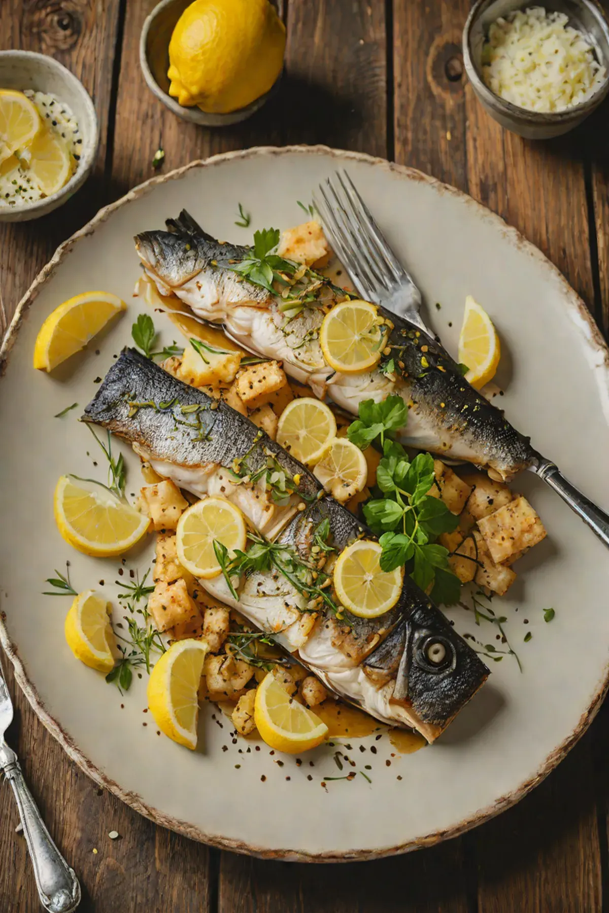 Roasted Sea Bass with Cassava Root Crisps and Lemon Herb Butter