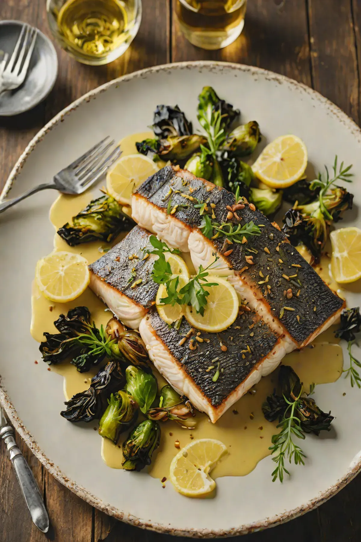 Roasted Sea Bass with Crispy Brussels Sprouts and Lemon Beurre Blanc