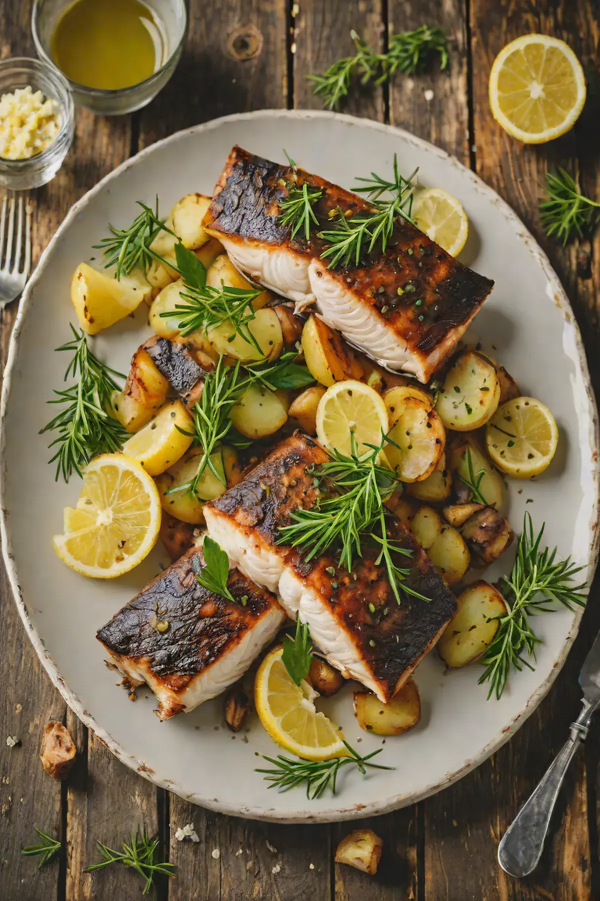 Roasted Sea Bass with Crispy Herb Potatoes and Lemon Butter