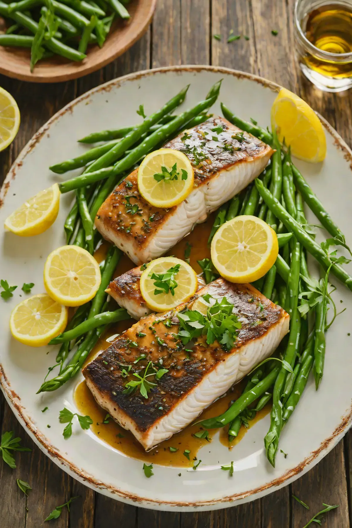 Roasted Sea Bass with Green Beans and Lemon Herb Butter