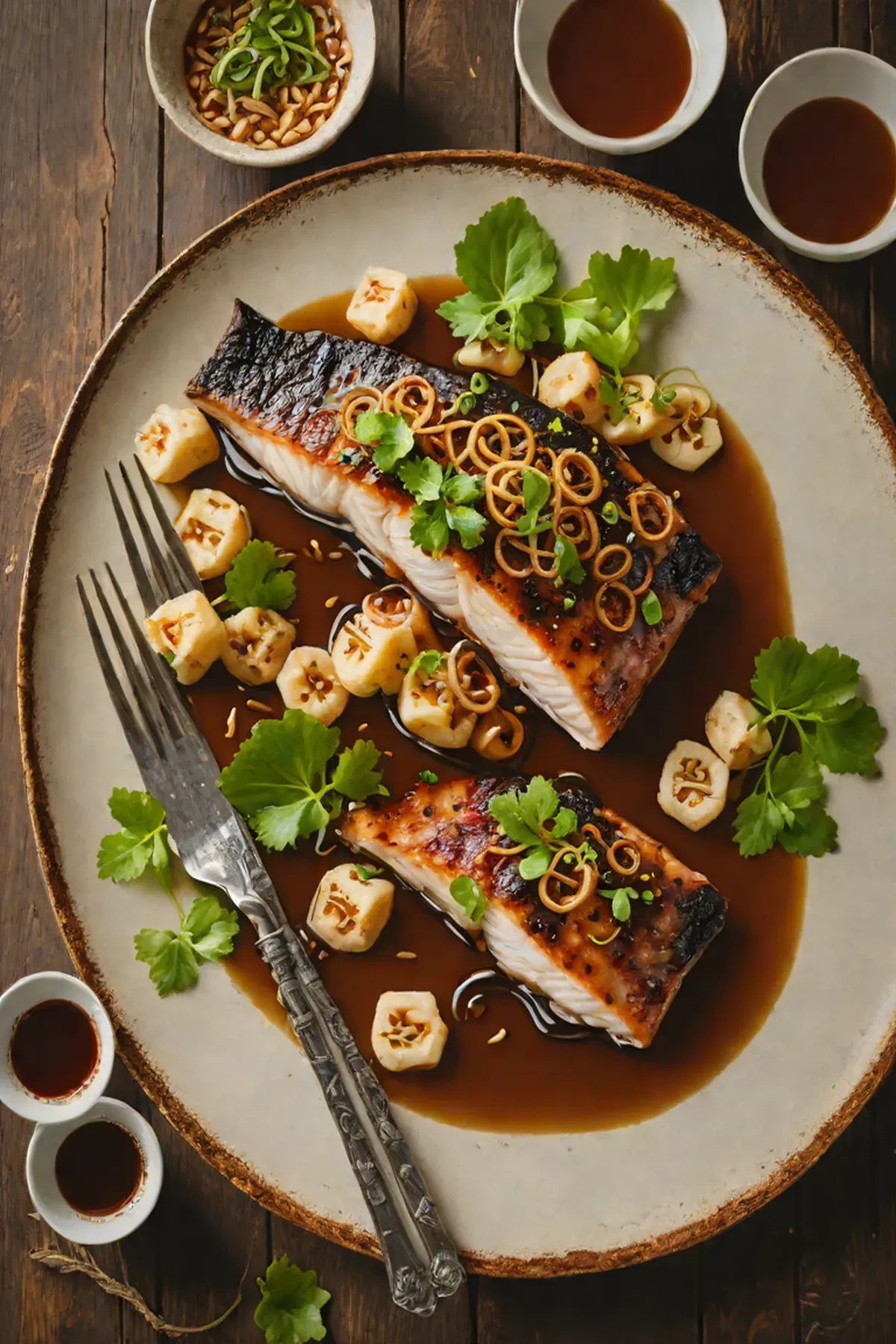 Roasted Sea Bass with Lotus Root and Ginger-Soy Glaze